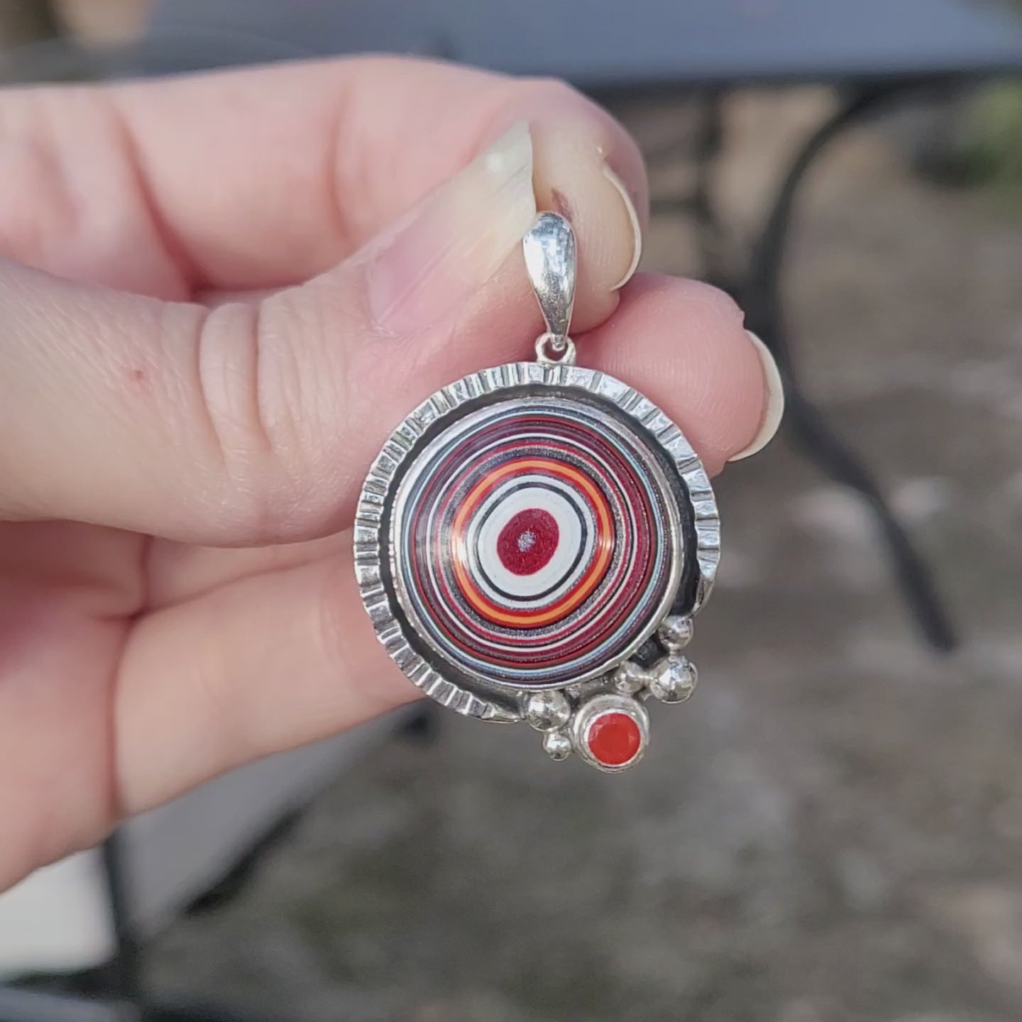 Fordite and Carnelian Sterling Silver Pendant