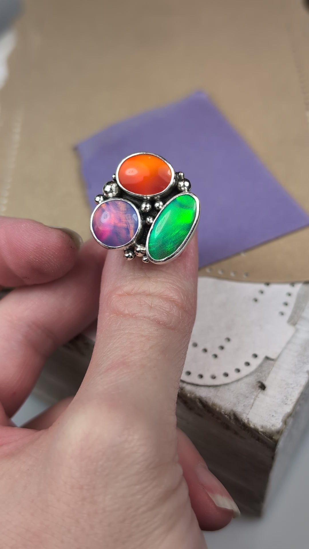 Size 6, Aurora Opal Sterling Silver Ring