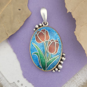 Tulip Cloisonne Enamel with Solid 22k Gold Bezel Sterling Silver Pendant