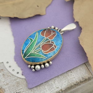 Tulip Cloisonne Enamel with Solid 22k Gold Bezel Sterling Silver Pendant