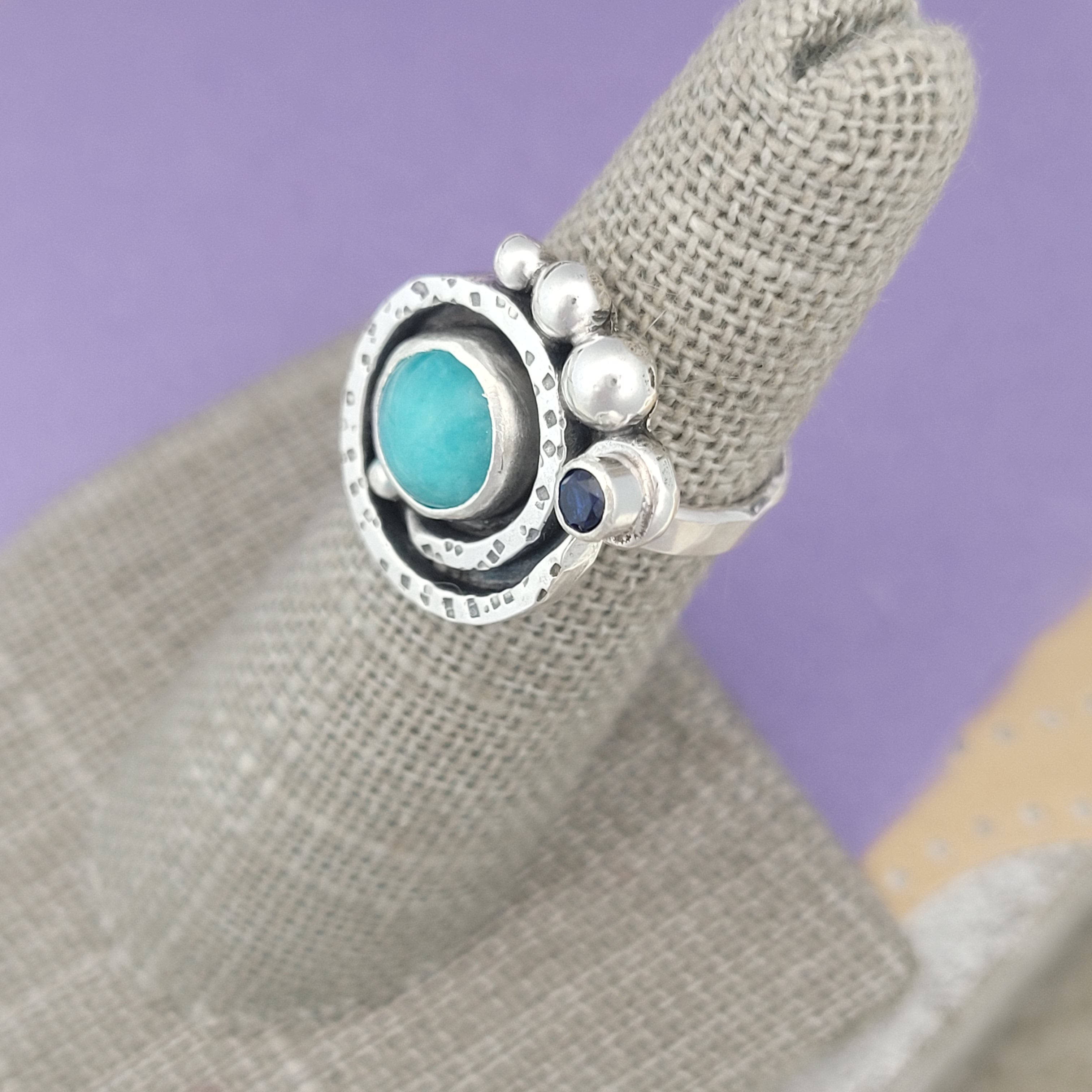 Size 5, Amazonite and Lab-Created Sapphire Sterling Silver Ring