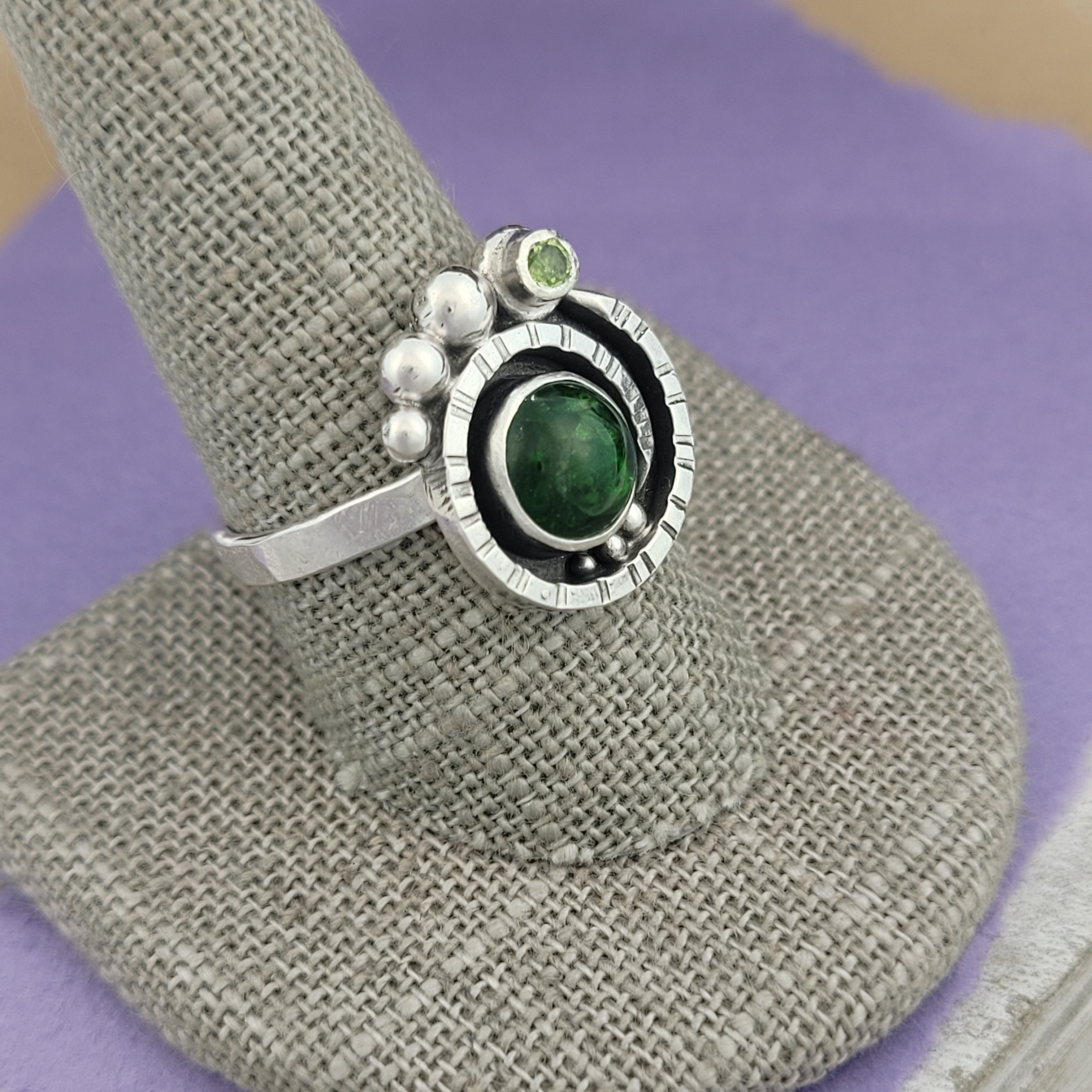 Size 10, Diopside and Peridot Sterling Silver Ring
