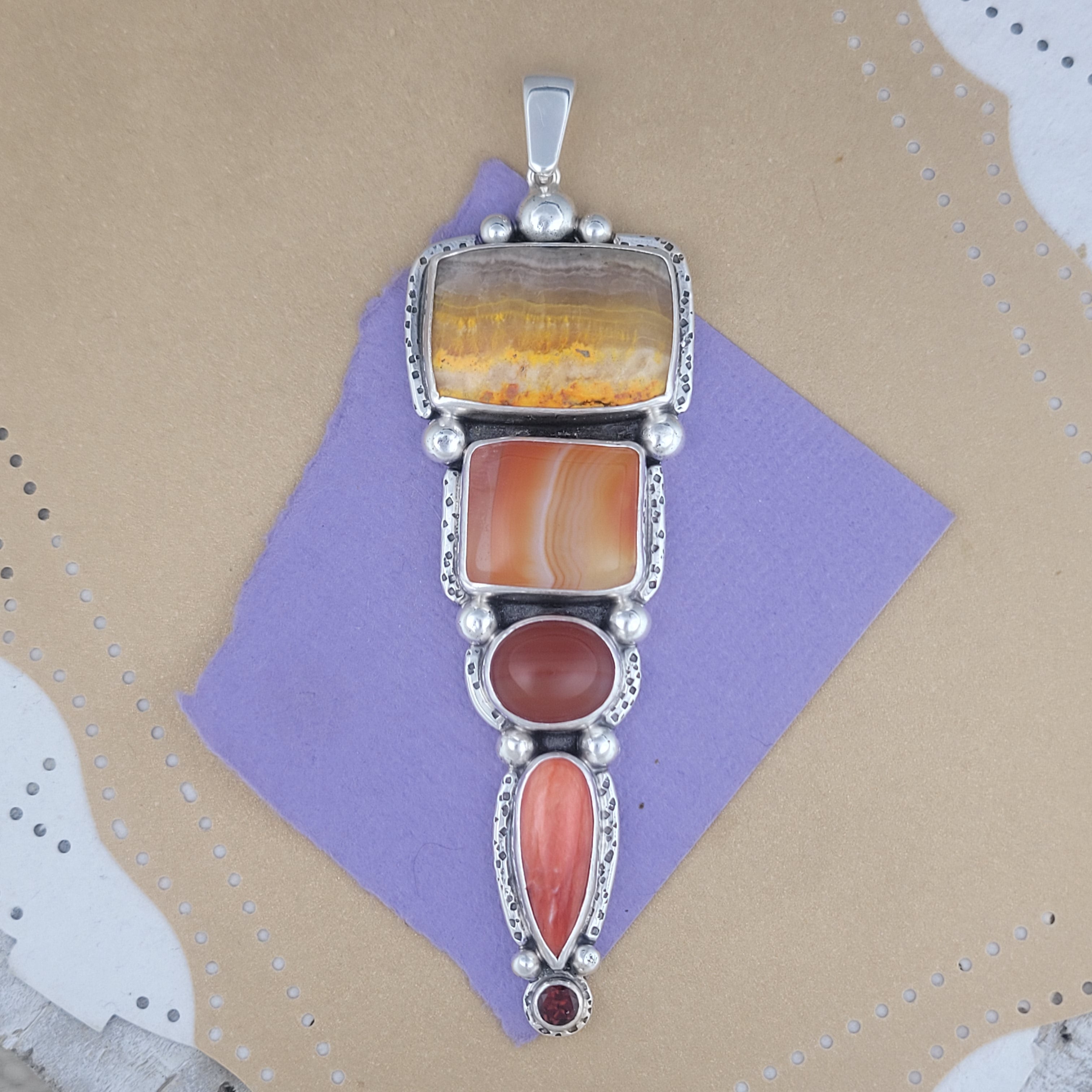 Bumblebee Jasper, Banded Carnelian, Spiny Oyster and Garnet Sterling Silver Pendant