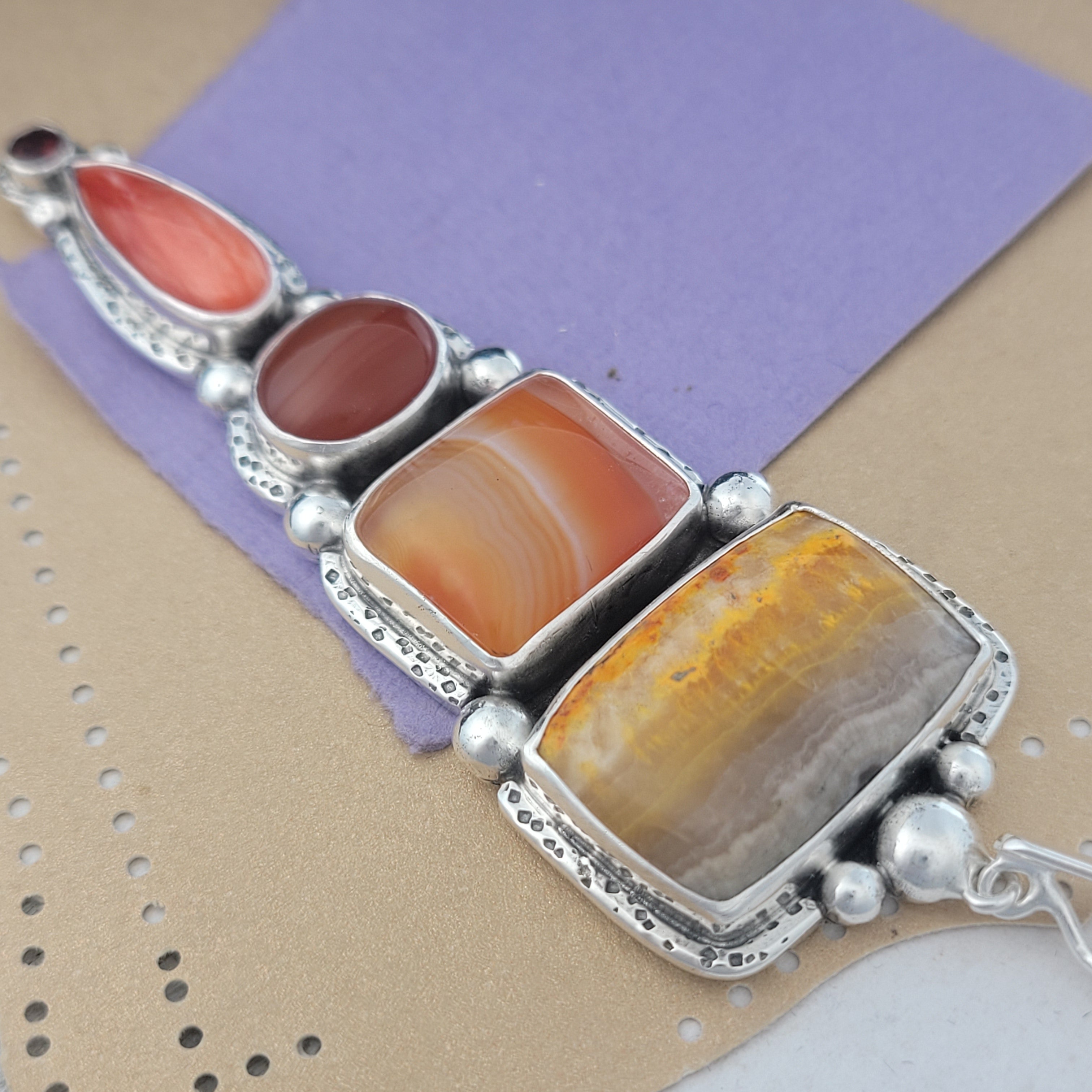 Bumblebee Jasper, Banded Carnelian, Spiny Oyster and Garnet Sterling Silver Pendant