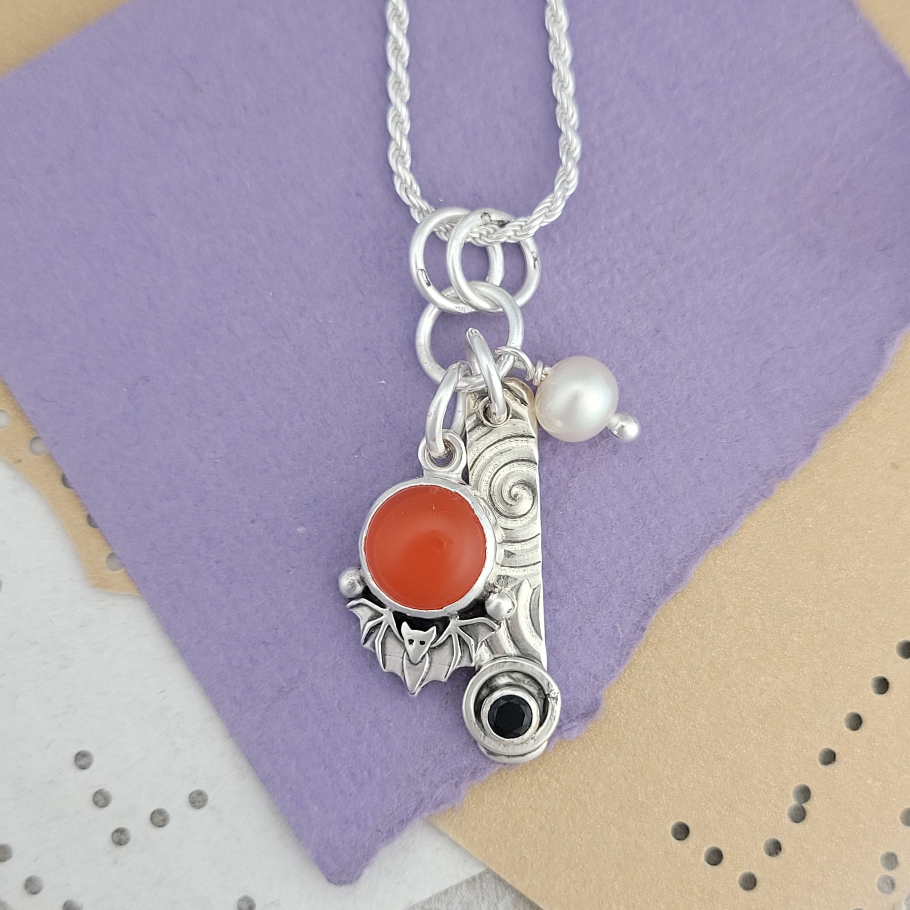 Carnelian and Spinel Charm Sterling Silver Necklace