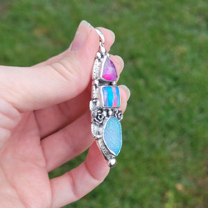 Druzy and Aurora Opal Sterling Silver Pendant