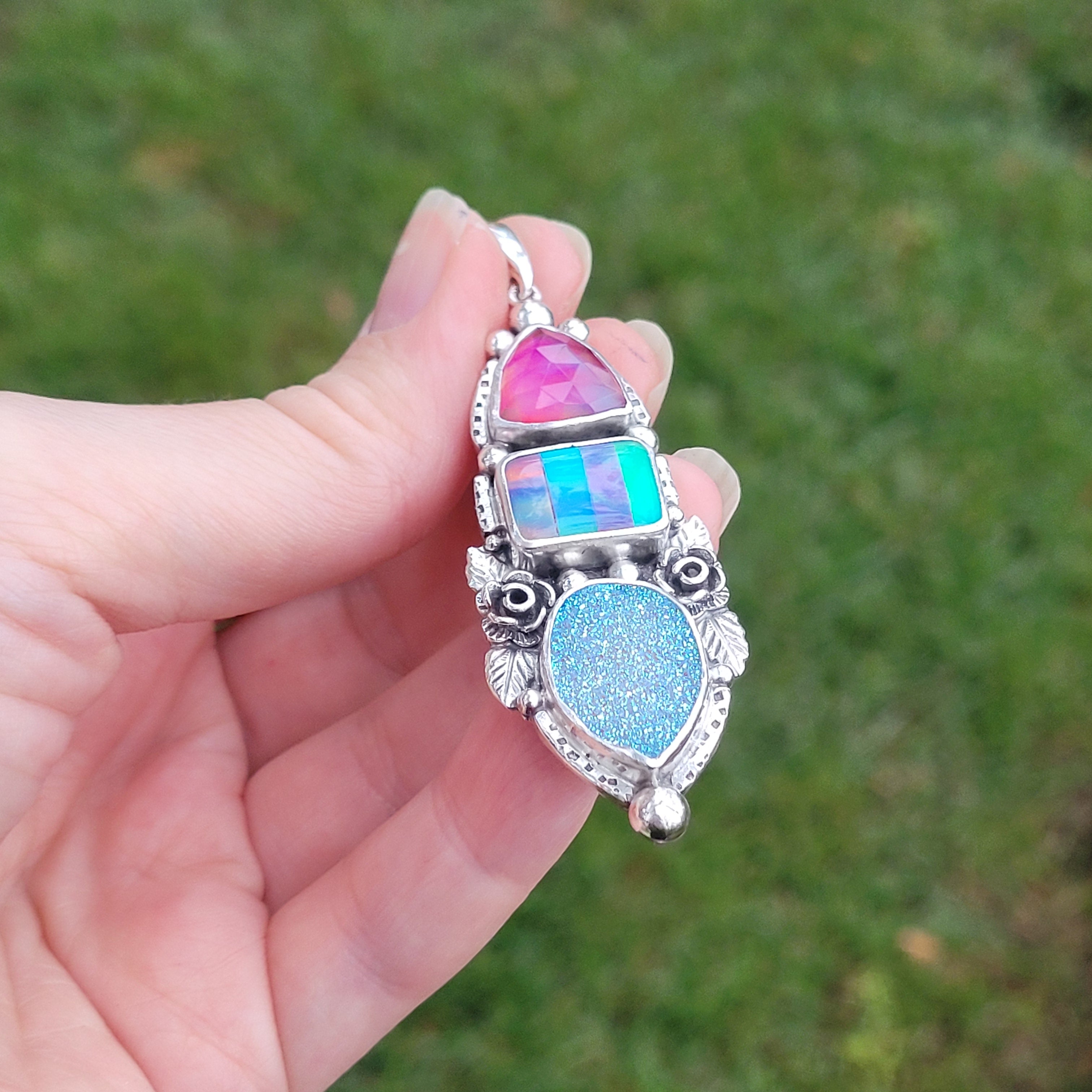 Druzy and Aurora Opal Sterling Silver Pendant