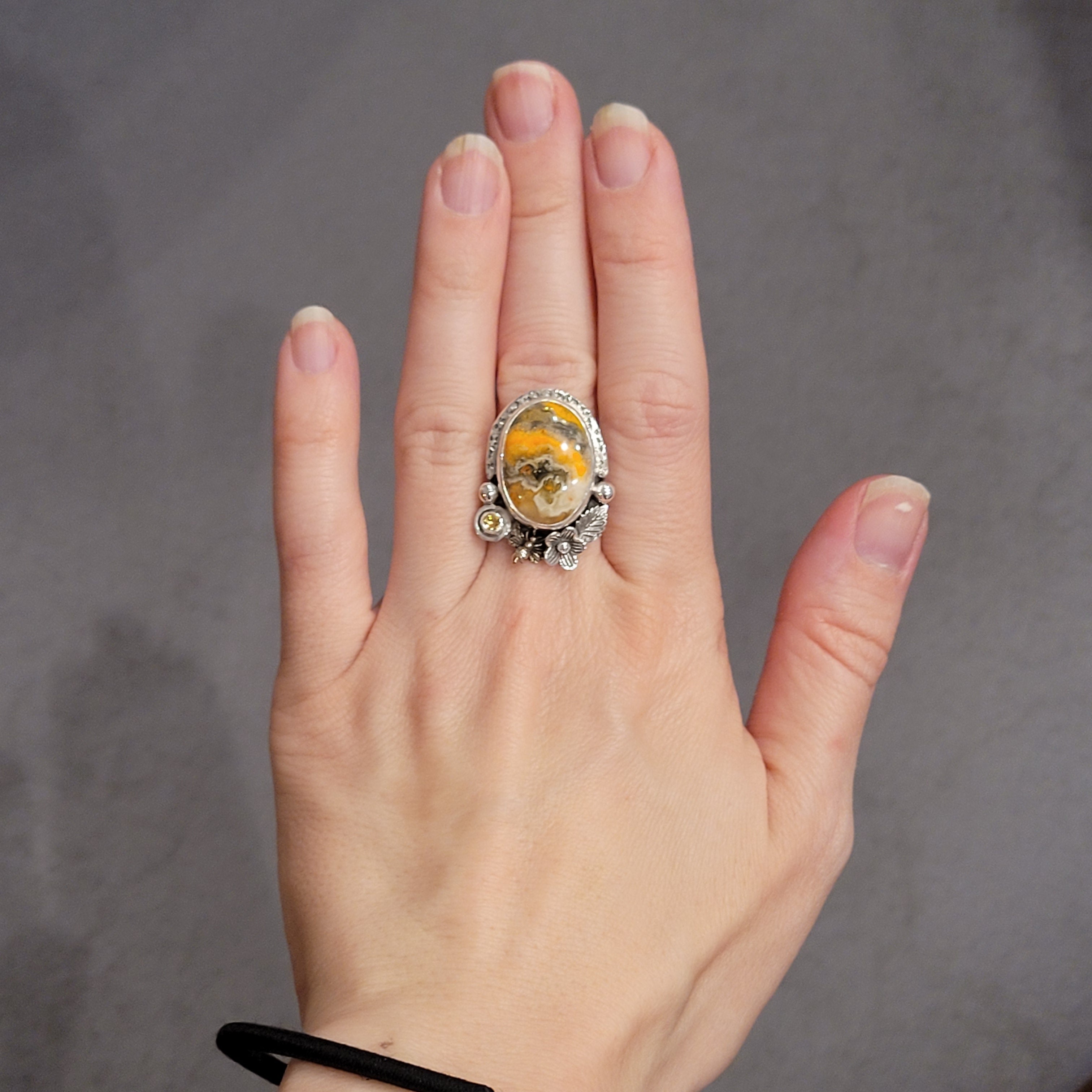 Size 7, Bumblebee Jasper, Citrine and Bronze Bee Sterling Silver Ring