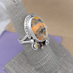 Size 7, Bumblebee Jasper, Citrine and Bronze Bee Sterling Silver Ring