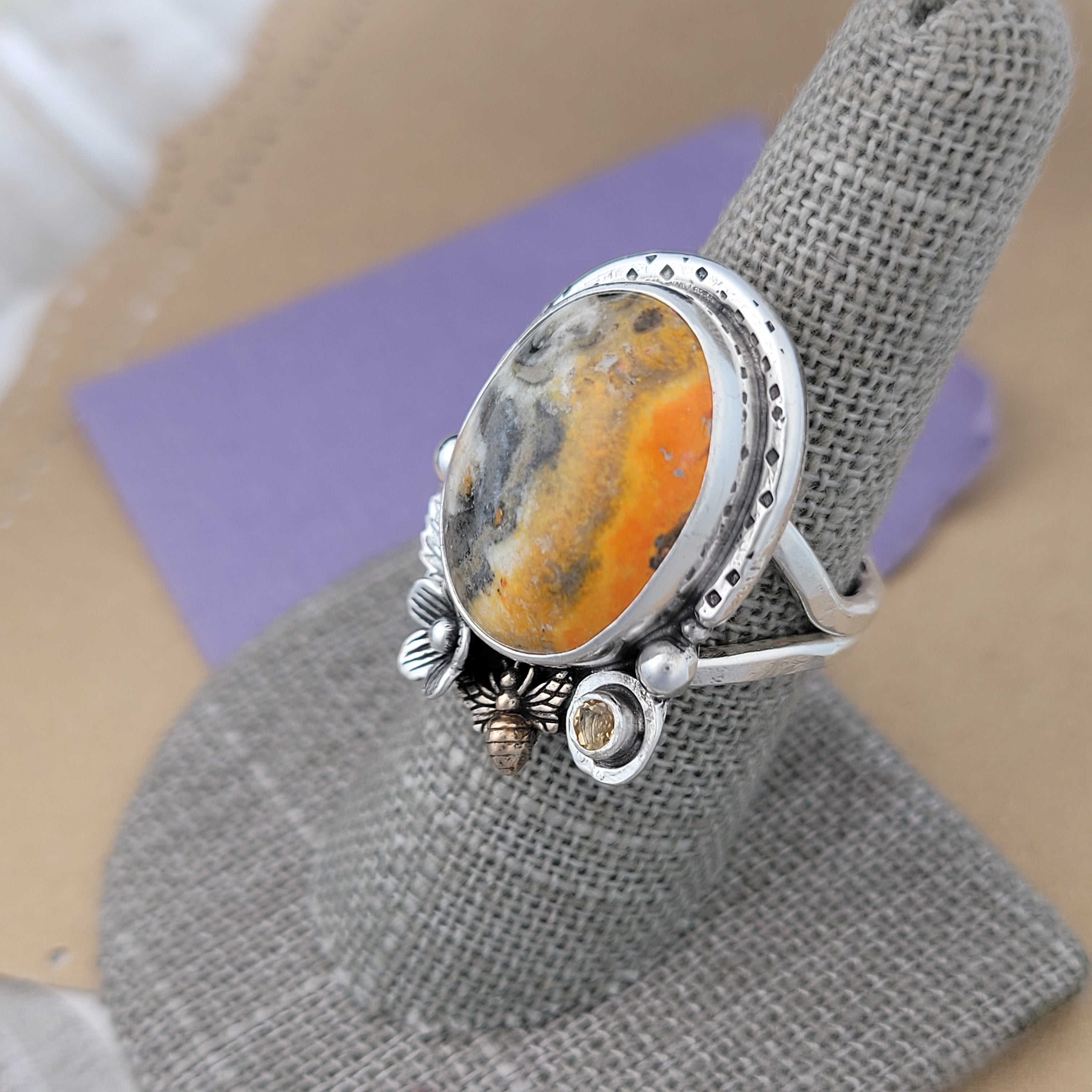 Size 7.5, Bumblebee Jasper, Citrine and Bronze Bee Sterling Silver Ring