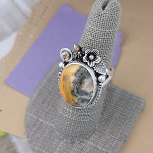 Size 7.5, Bumblebee Jasper, Citrine and Bronze Bee Sterling Silver Ring