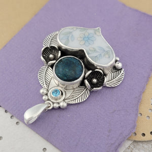 Antique China, Apatite and Swiss Blue Topaz Sterling Silver Pendant
