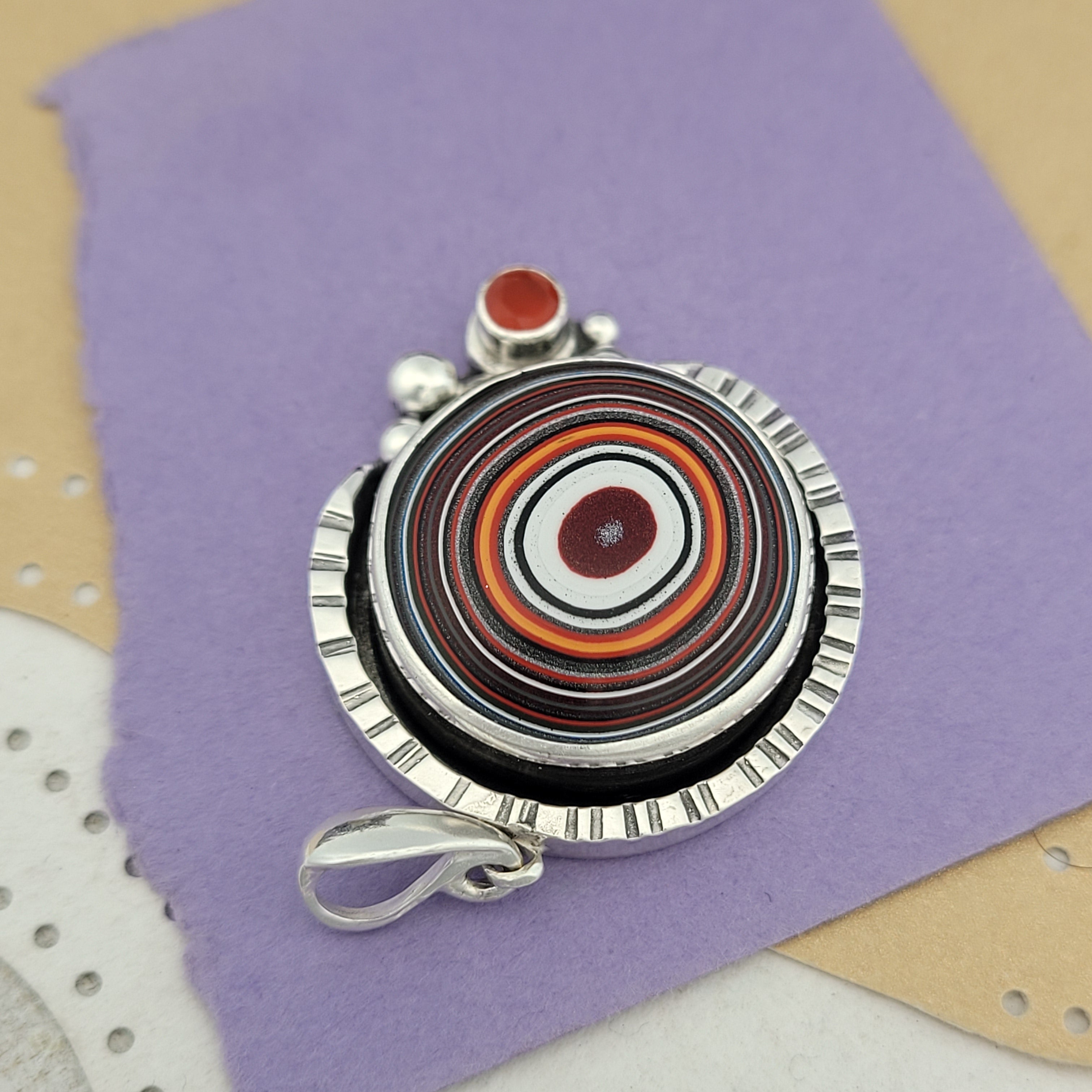 Fordite and Carnelian Sterling Silver Pendant