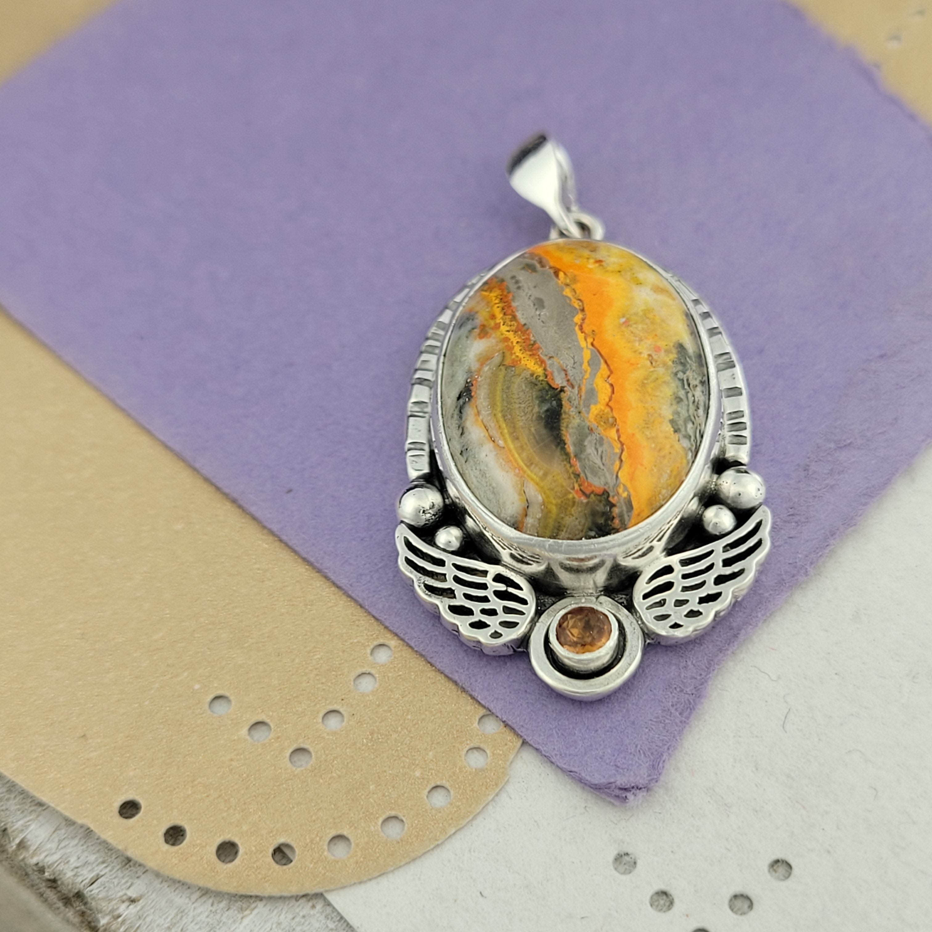 Bumblebee Jasper and Hessonite Garnet Sterling Silver Pendant