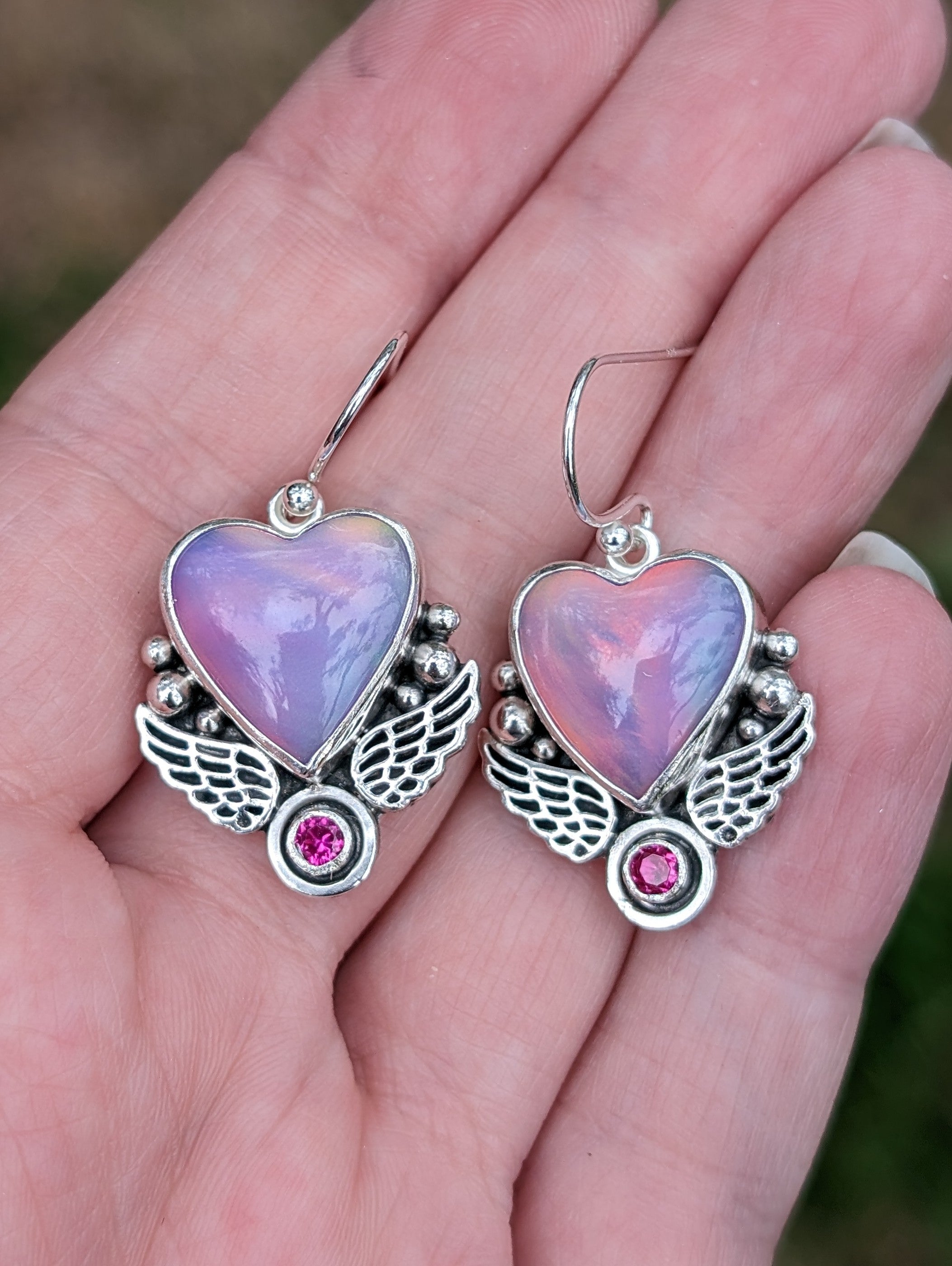 Aurora Opal and Lab-Created Ruby Sterling Silver Earrings, Purple