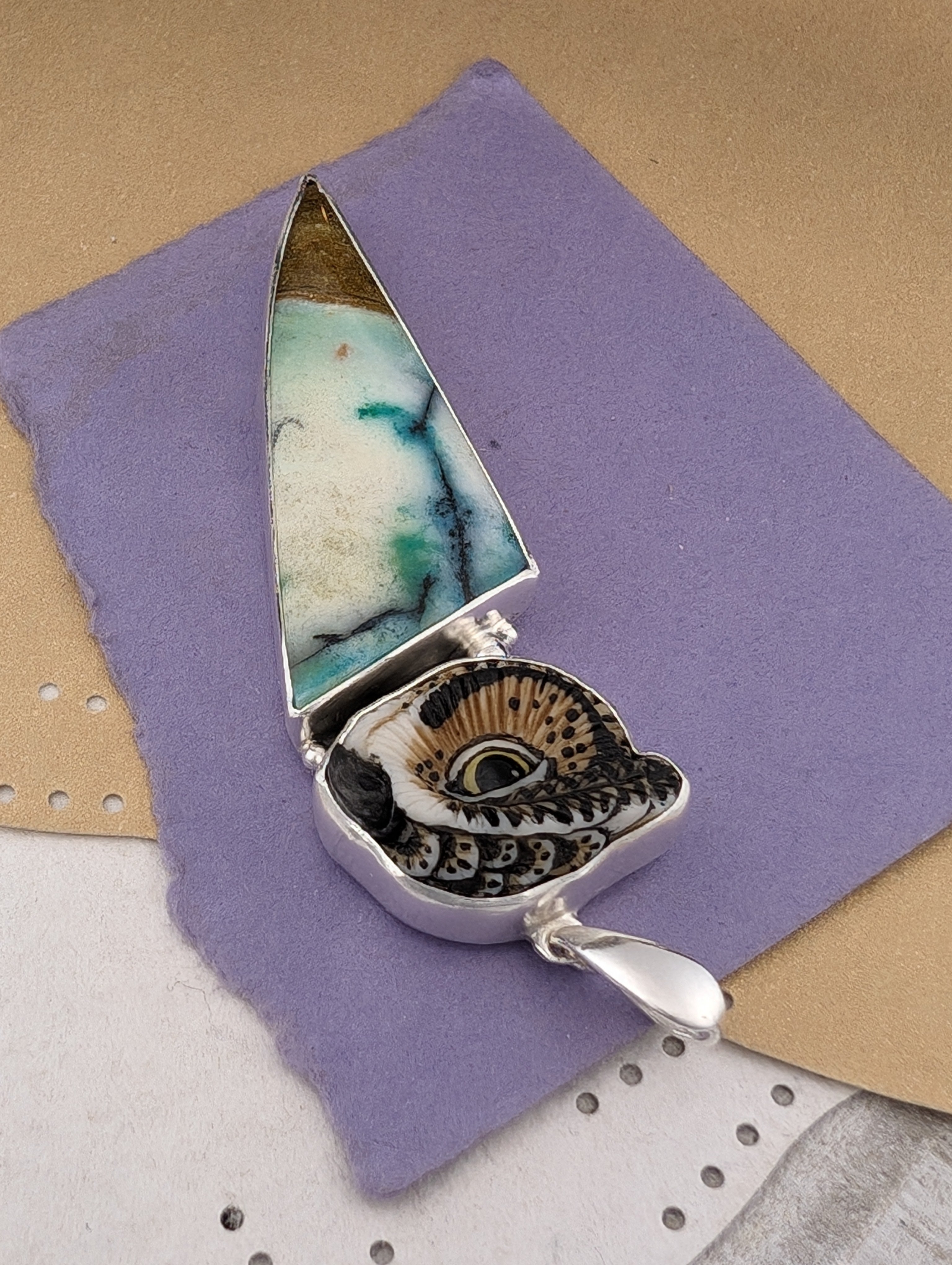 Laura Mears Porcelain and Opalized Wood Sterling Silver Pendant, #1