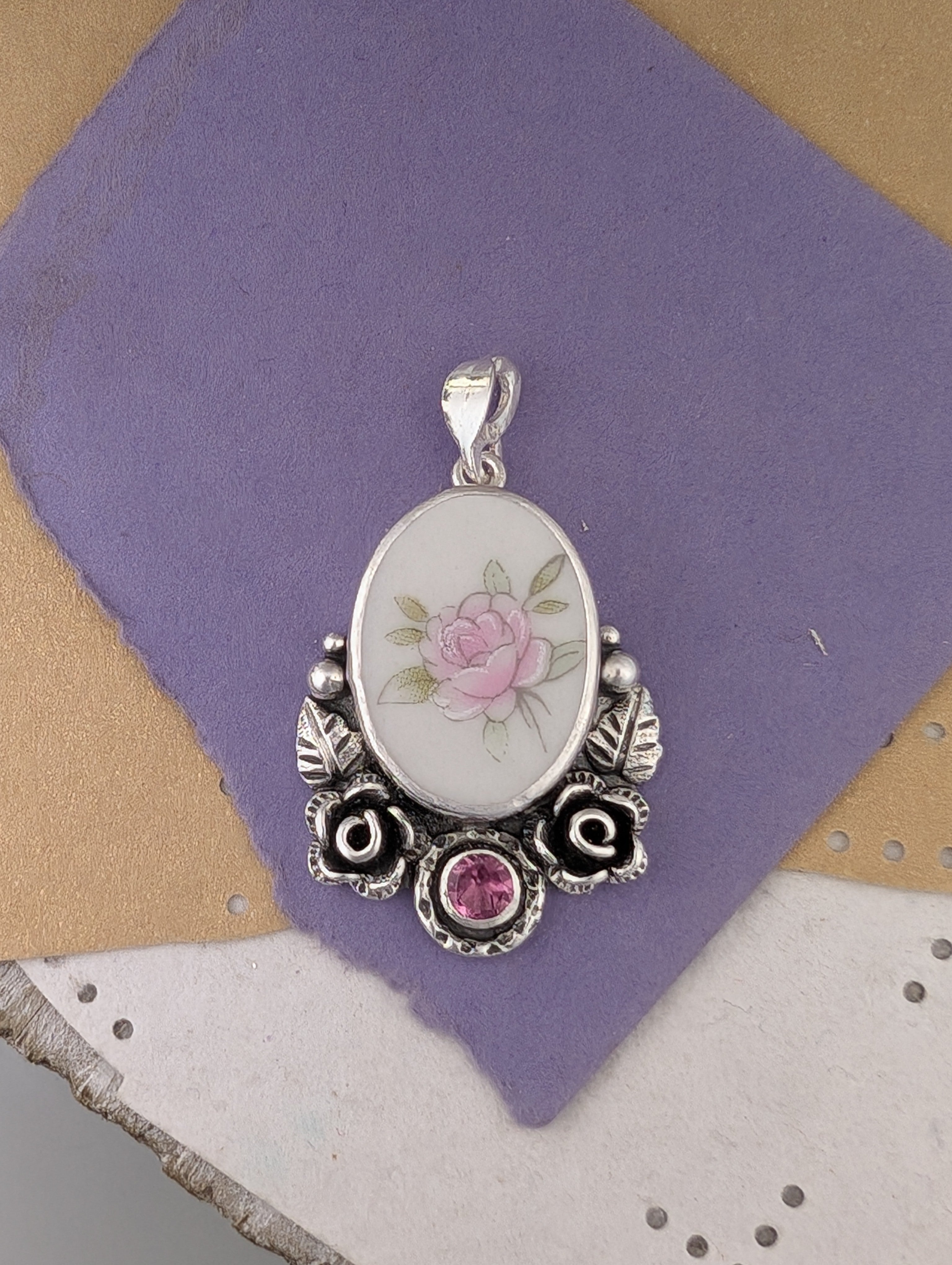 Antique China and Pink Tourmaline Sterling Silver Pendant