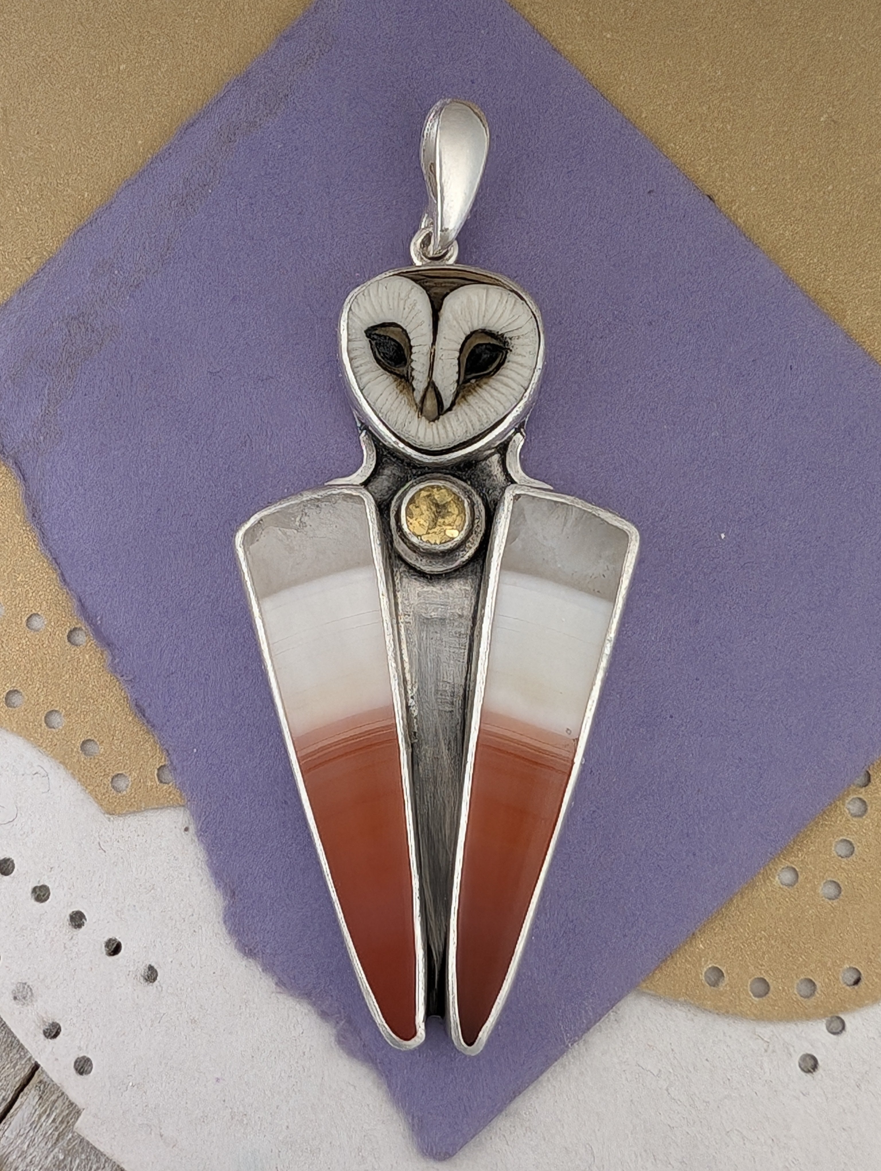Laura Mears Porcelain, Banded Carnelian and Citrine Sterling Silver Pendant
