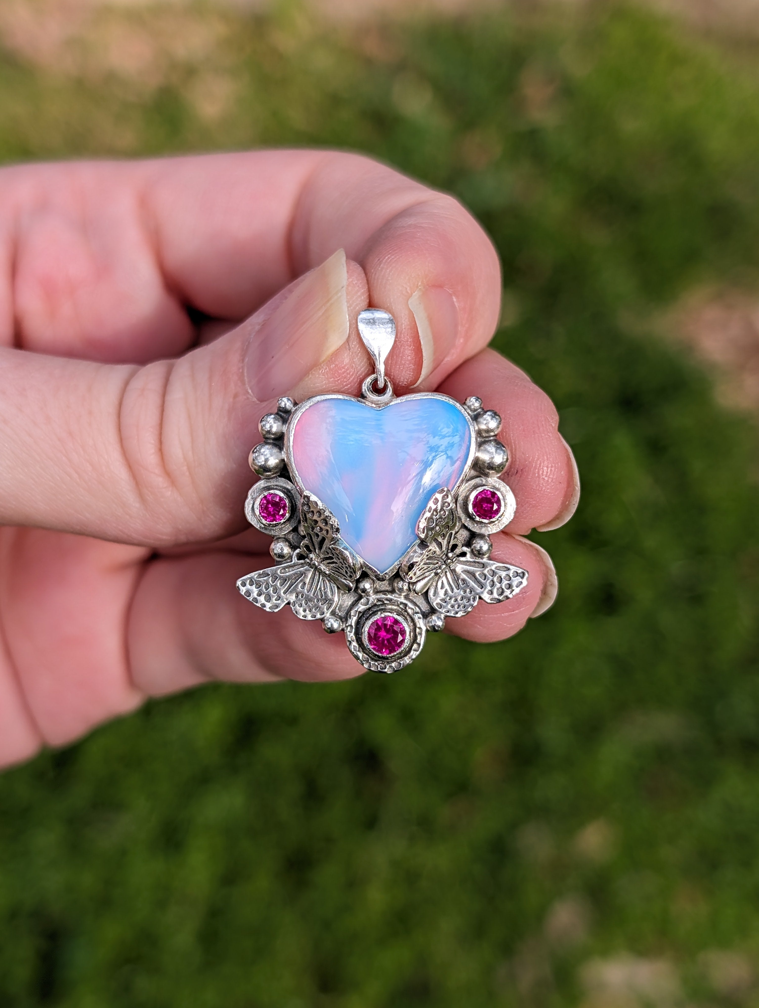 Aurora Opal and Lab-Created Ruby Sterling Silver Pendant, blue