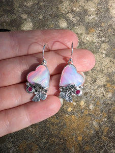 Aurora Opal and Lab-Created Ruby Sterling Silver Earrings, pale pink
