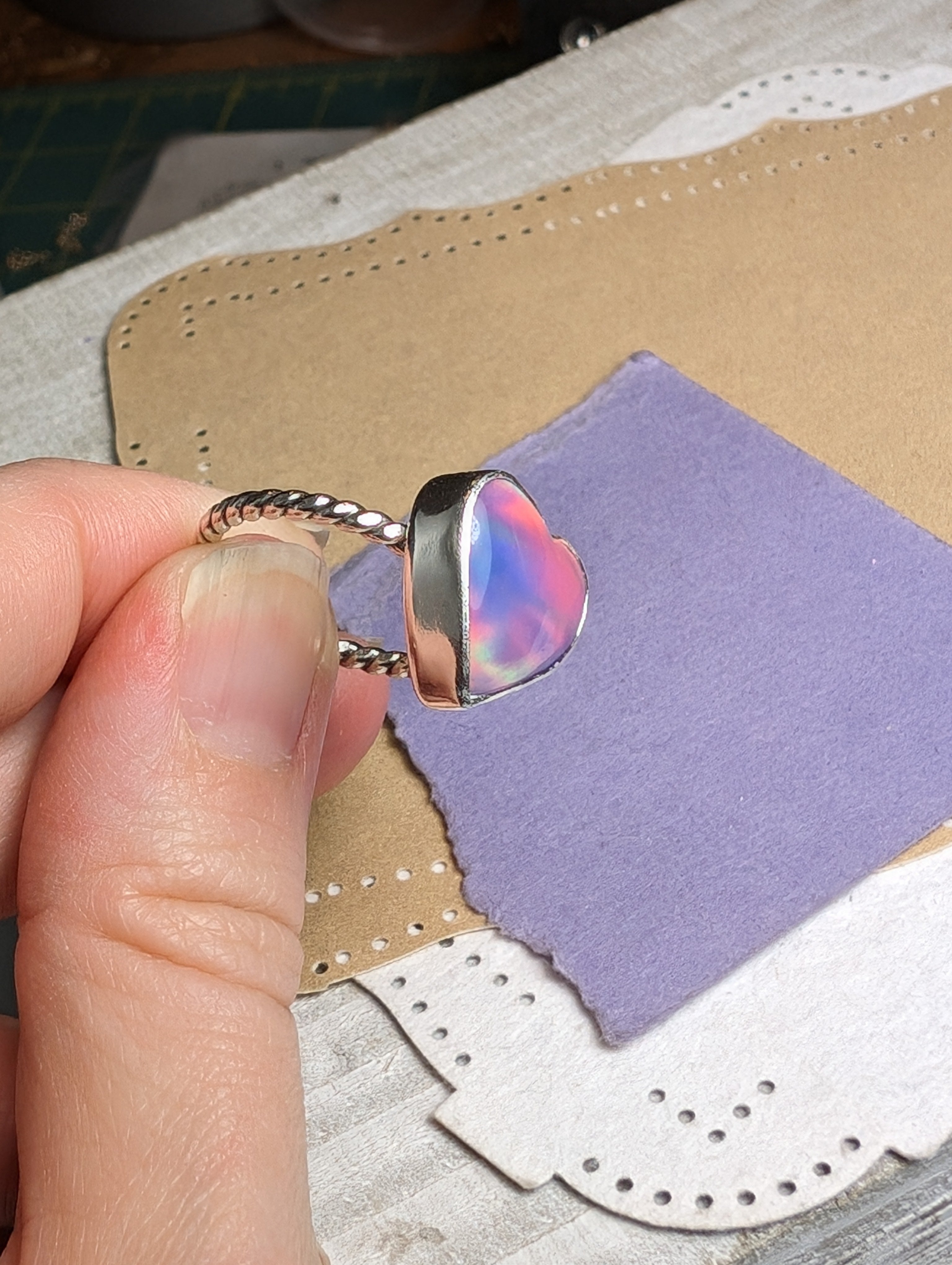 Size 8.5, Aurora Opal Heart Sterling Silver Ring