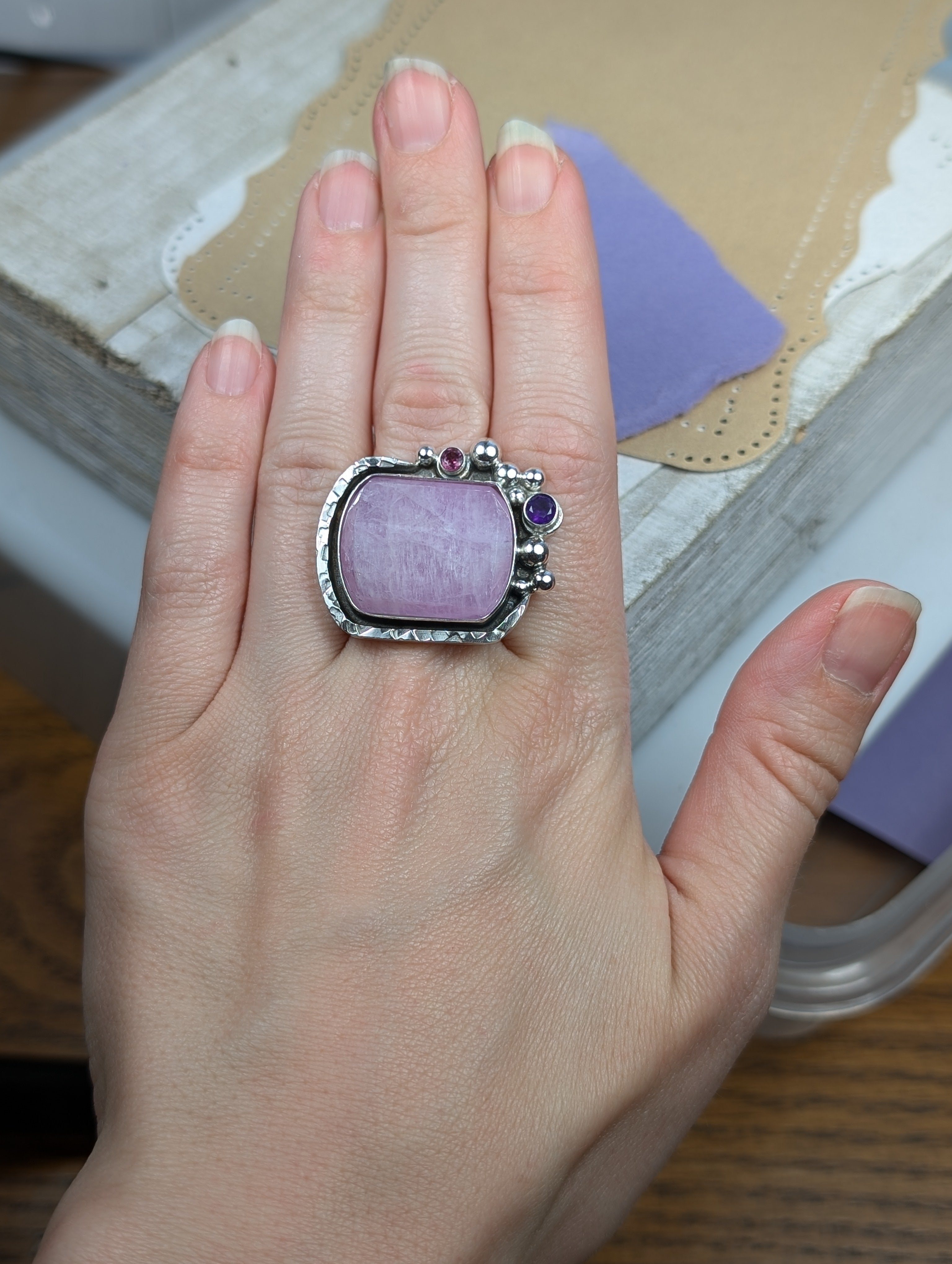 CUSTOM FINISH RING Kunzite, Amethyst and Rhodolite Garnet Sterling Silver