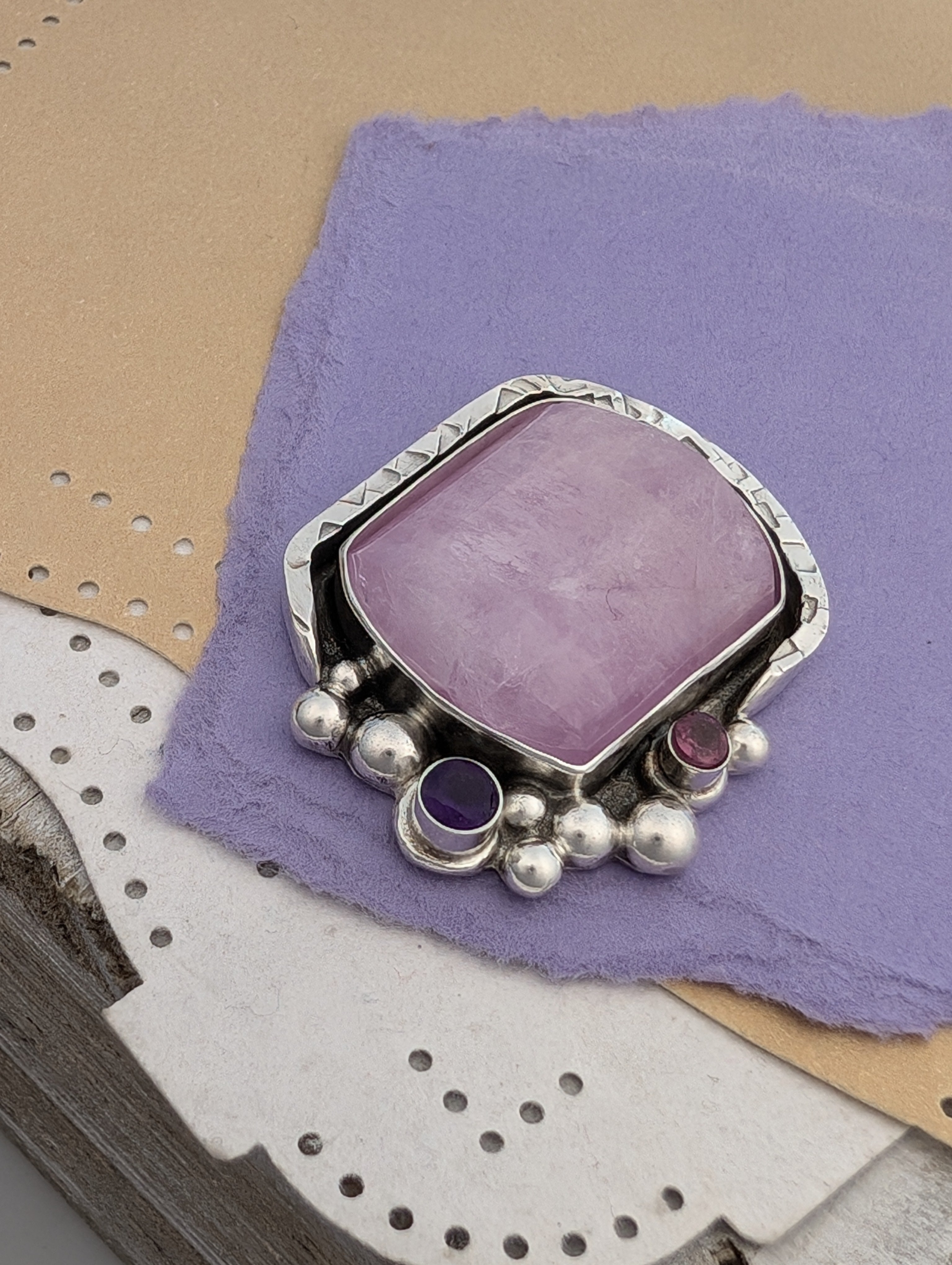 CUSTOM FINISH RING Kunzite, Amethyst and Rhodolite Garnet Sterling Silver