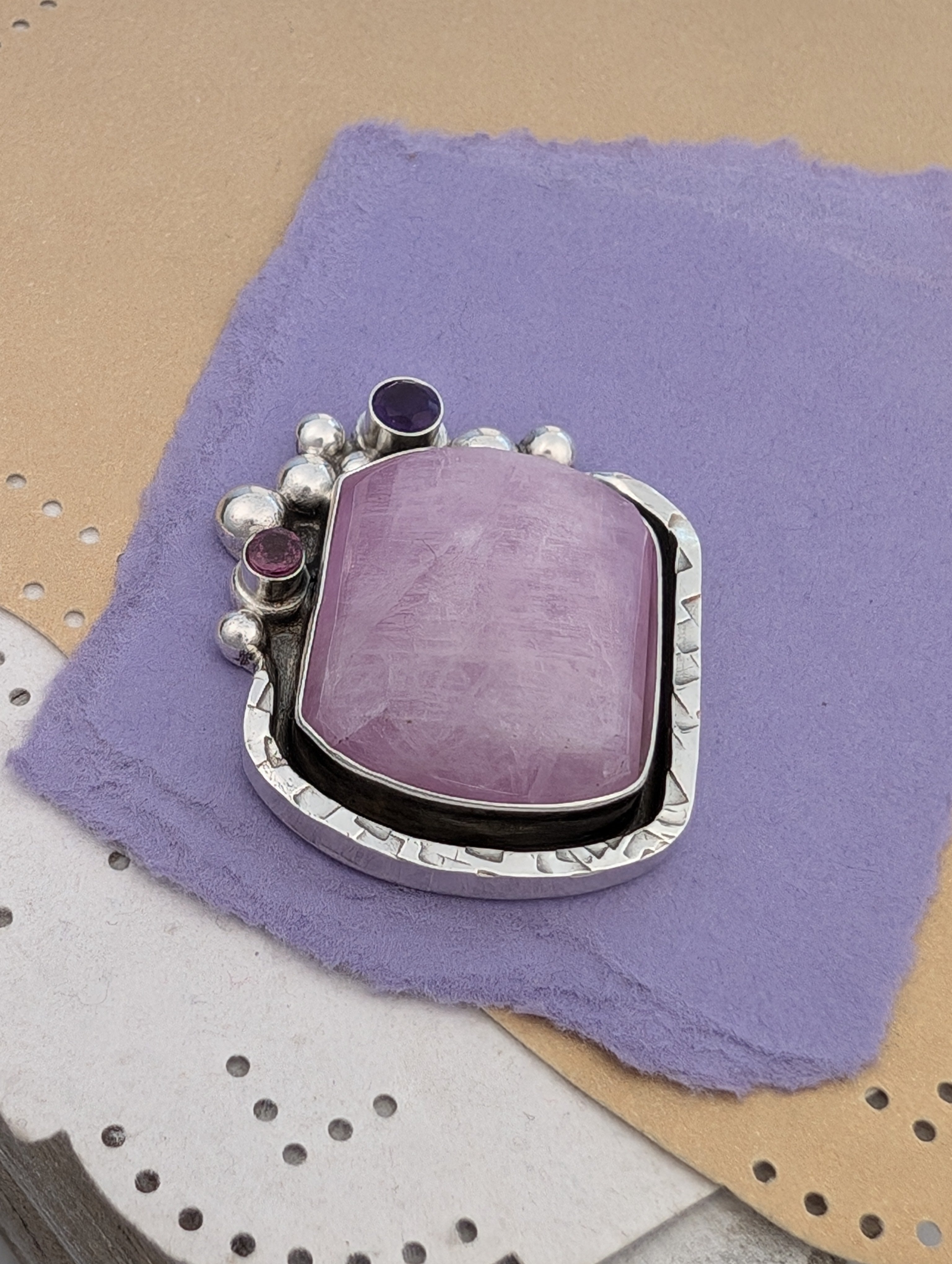 CUSTOM FINISH RING Kunzite, Amethyst and Rhodolite Garnet Sterling Silver