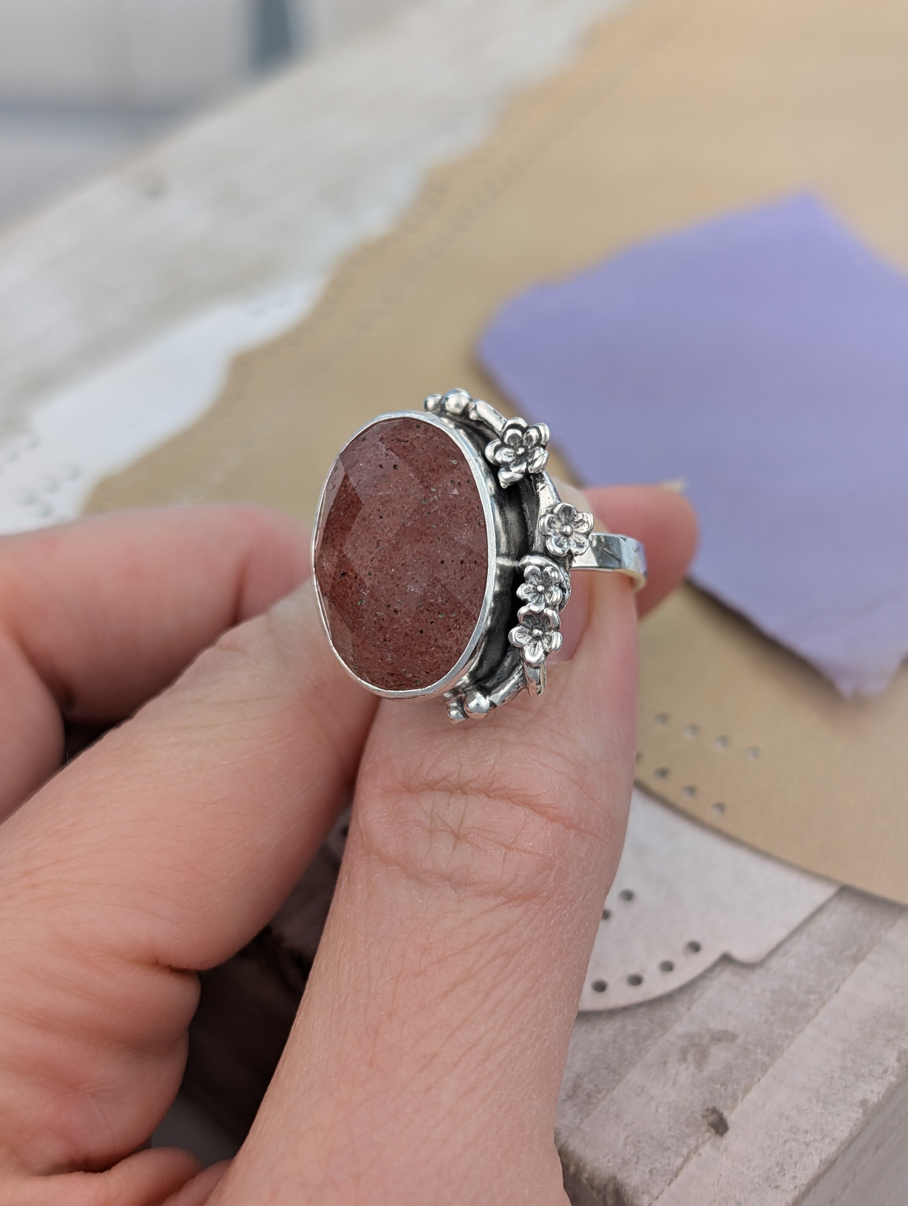 Size 6.5, Strawberry Quartz Sterling Silver Ring