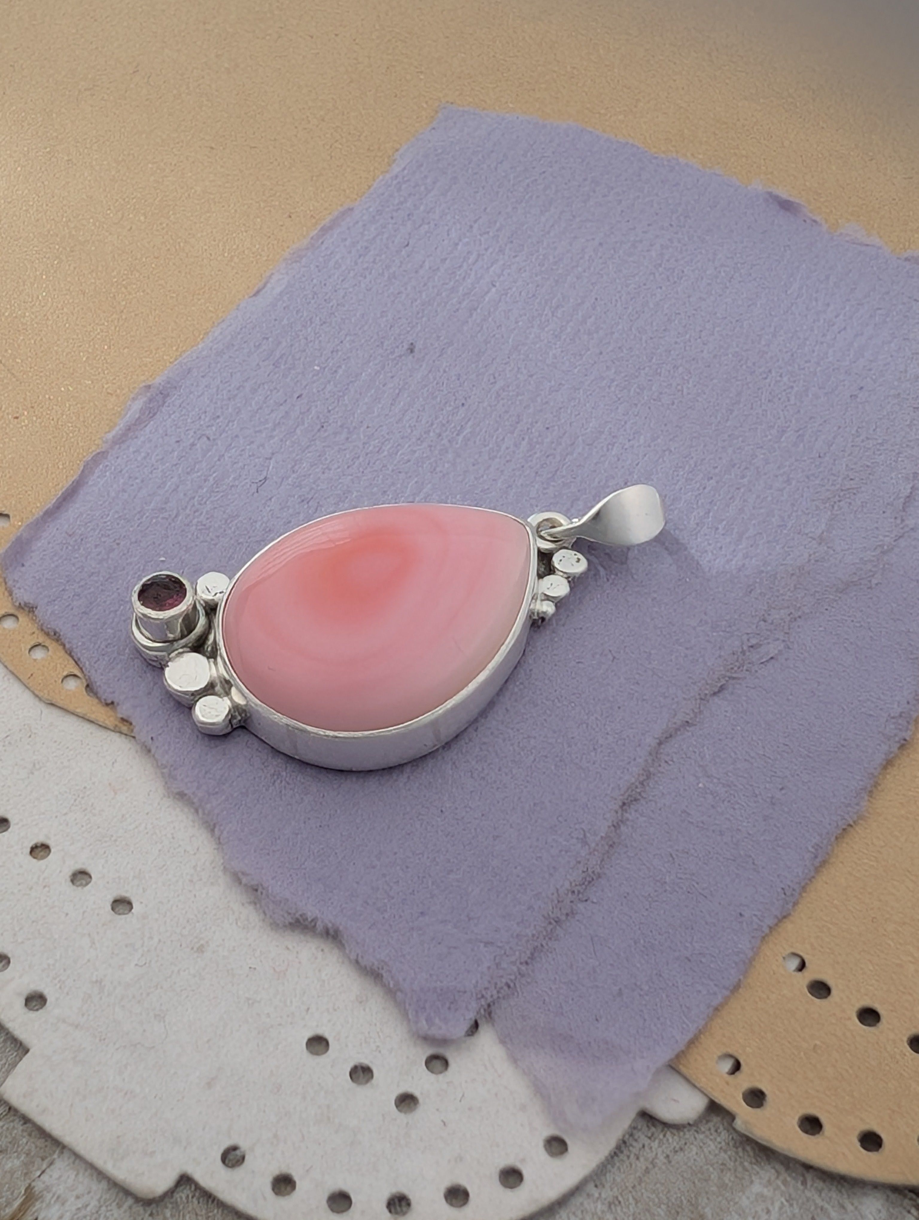 Conch Shell and Rhodolite Garnet Sterling Silver Pendant