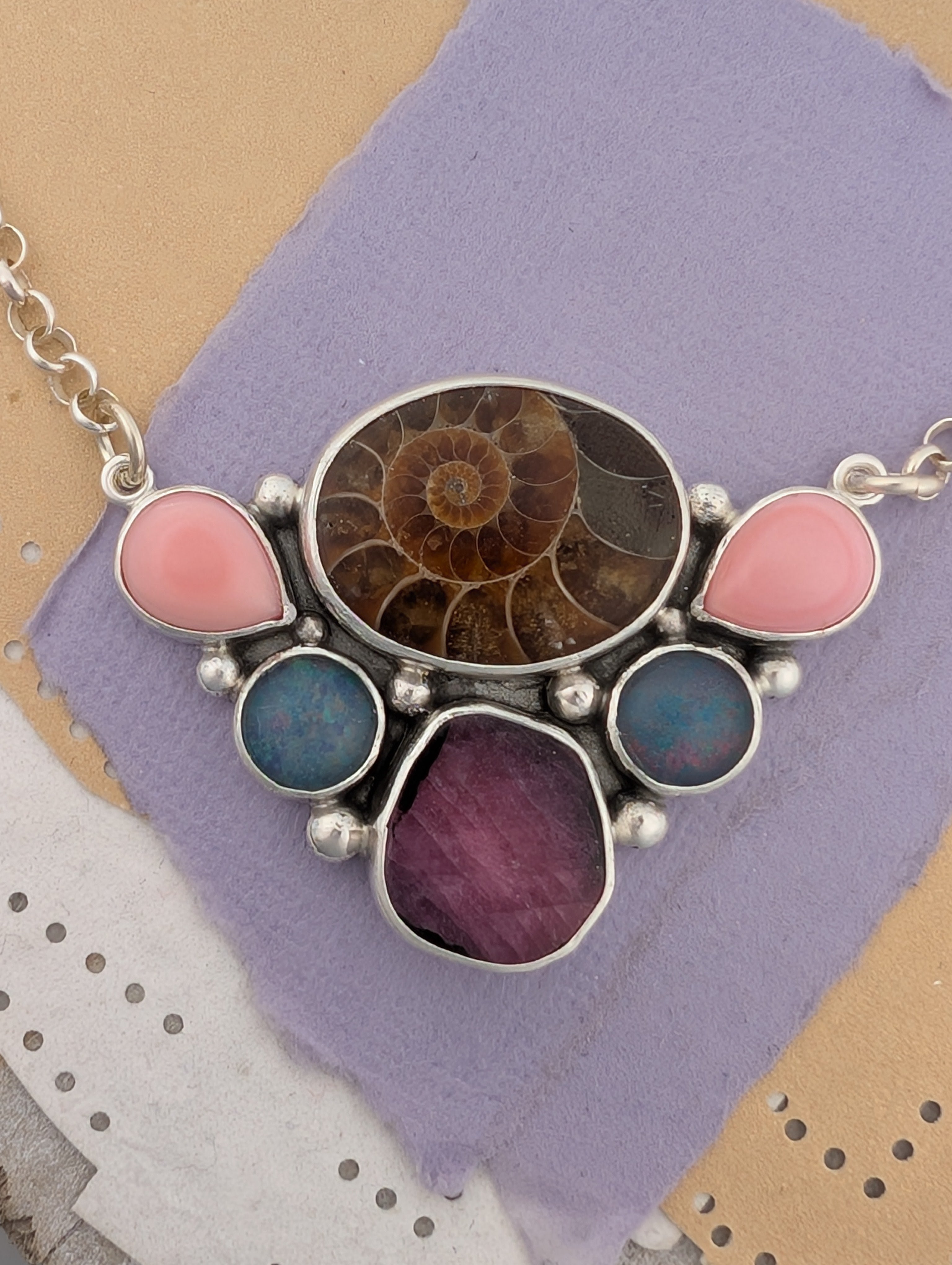 Ammonite Fossil, Conch Shell, Opal Triplet and Ruby Slice Sterling Silver Necklace