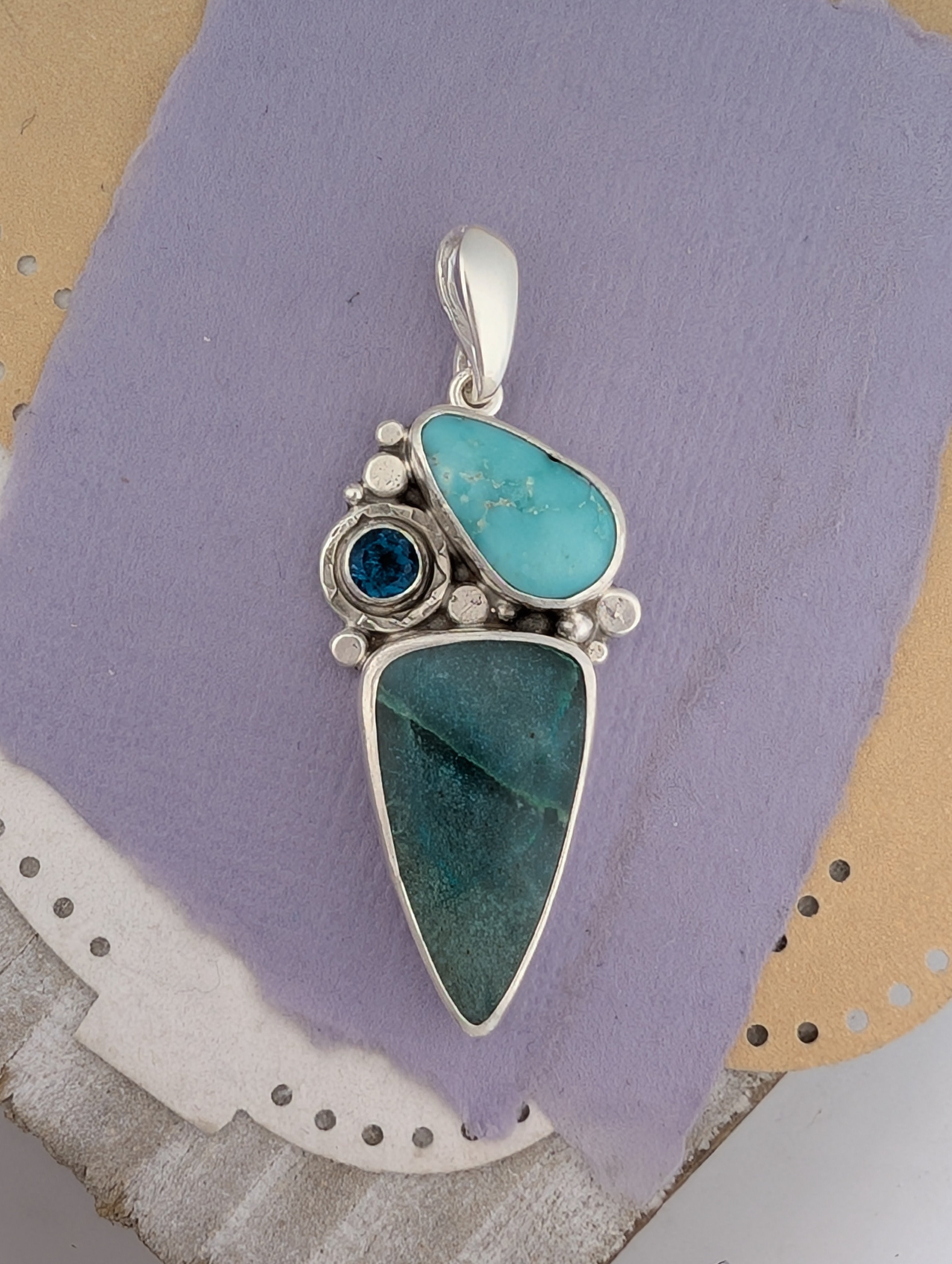 Opalized Wood, Turquoise and London Blue Topaz Sterling Silver Pendant