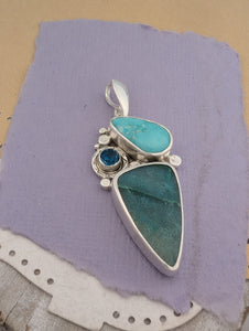 Opalized Wood, Turquoise and London Blue Topaz Sterling Silver Pendant