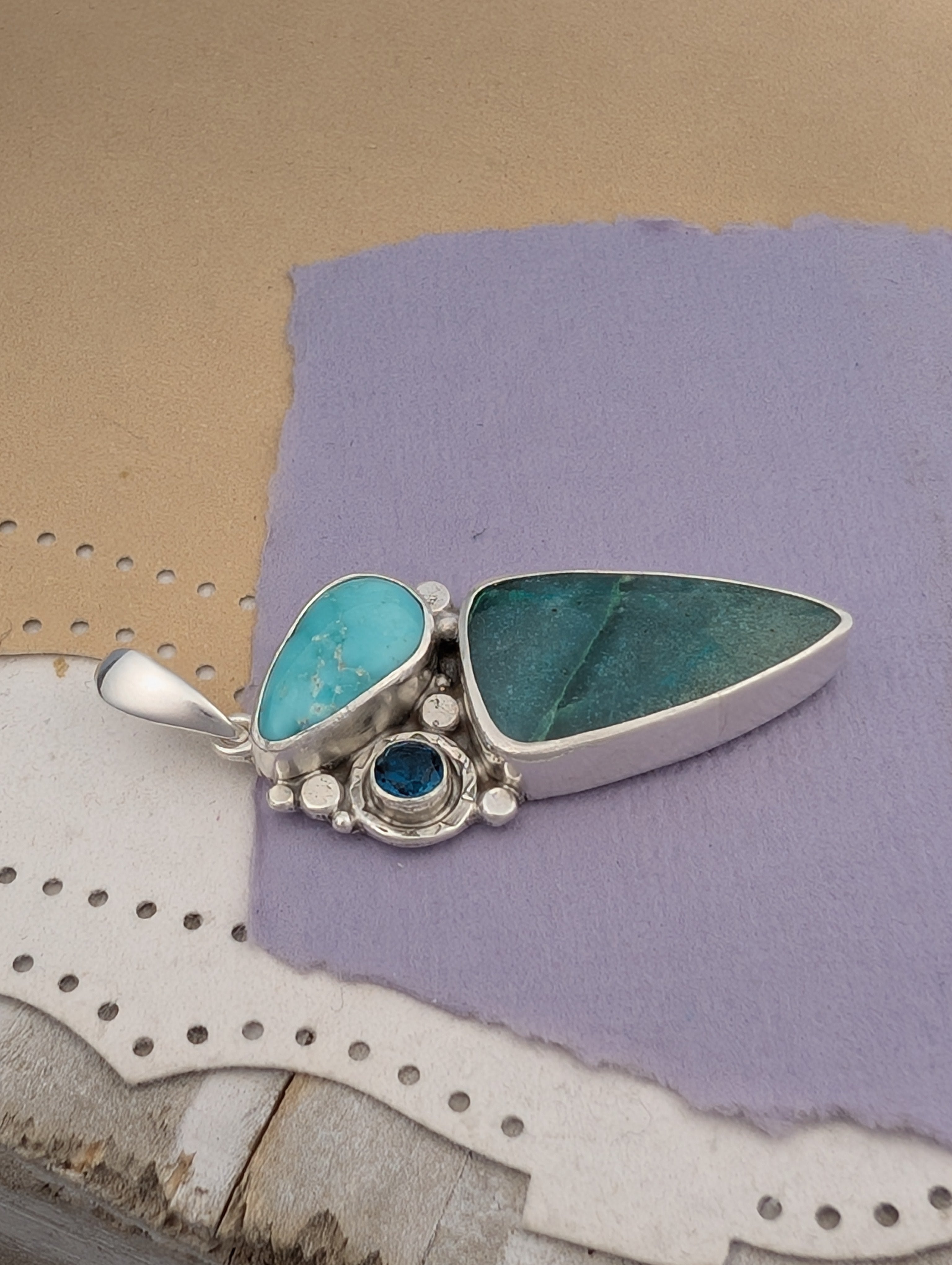 Opalized Wood, Turquoise and London Blue Topaz Sterling Silver Pendant