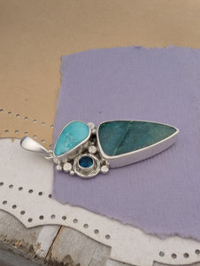 Opalized Wood, Turquoise and London Blue Topaz Sterling Silver Pendant