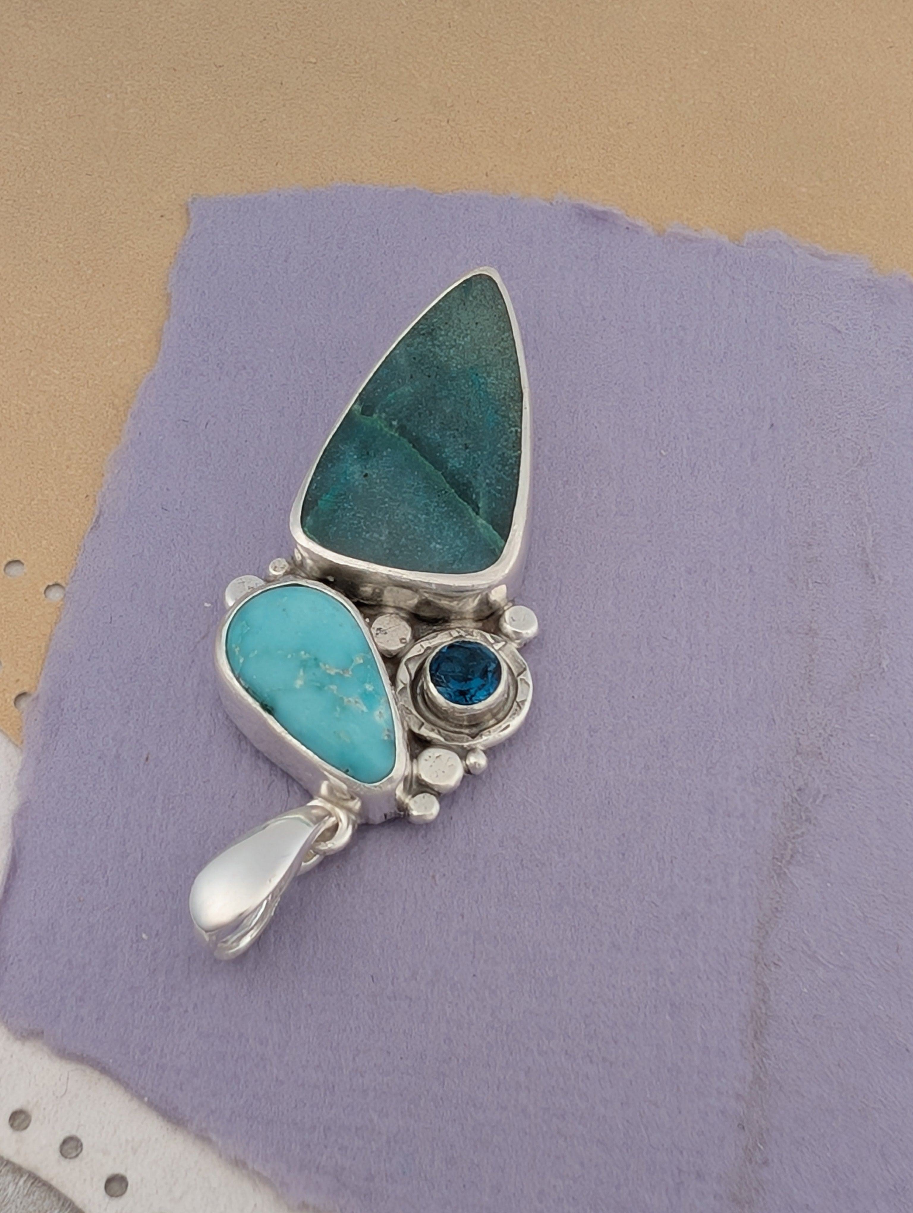 Opalized Wood, Turquoise and London Blue Topaz Sterling Silver Pendant