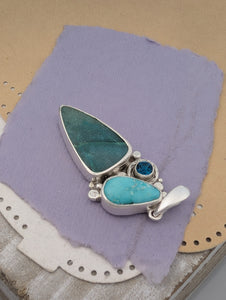 Opalized Wood, Turquoise and London Blue Topaz Sterling Silver Pendant