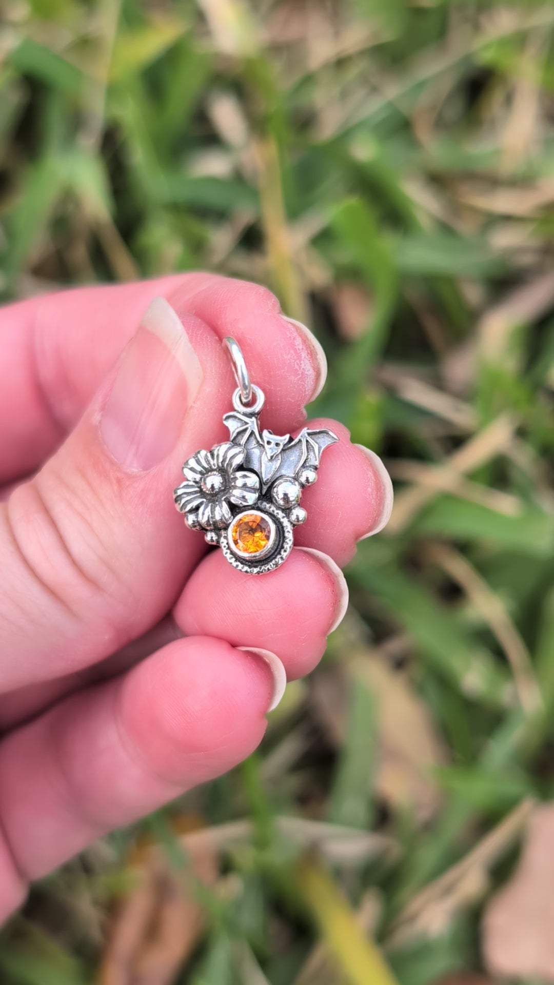 Hessonite Garnet Bat Sterling Silver Charm