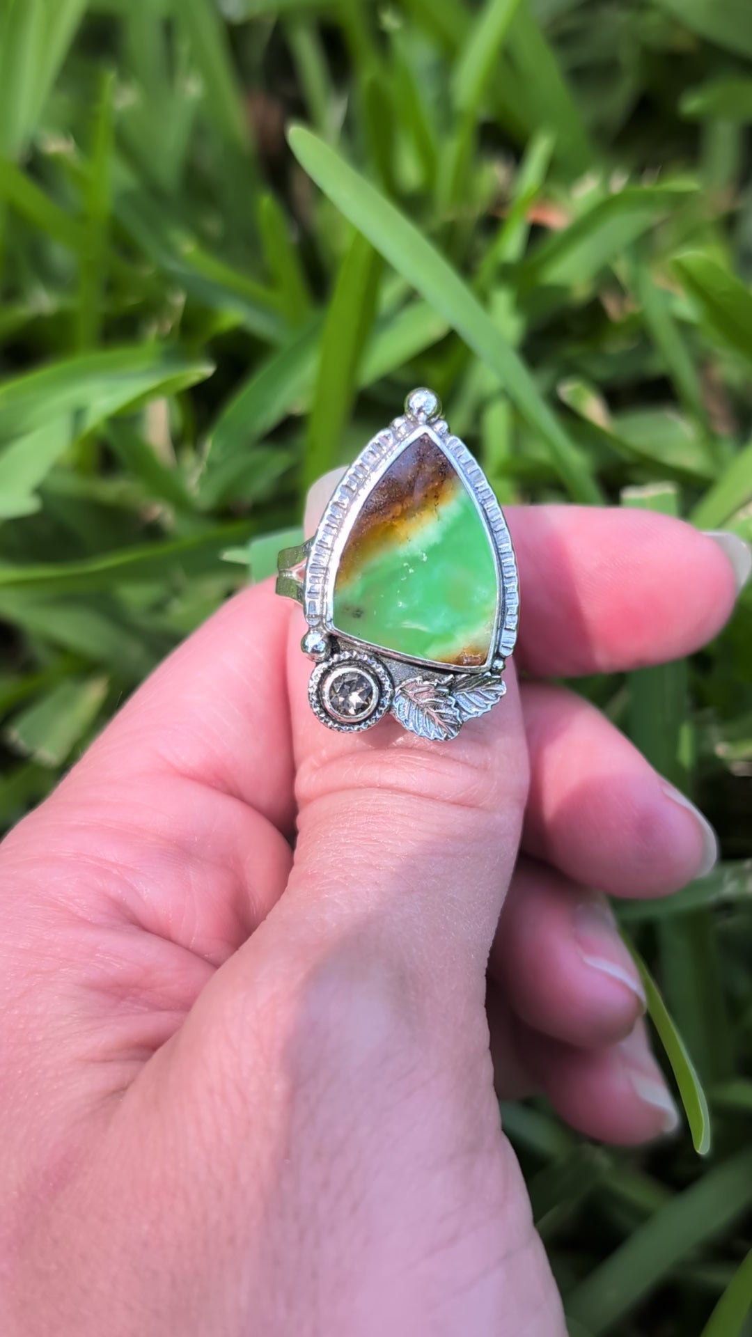 Size 7.5, Chrysoprase and Smokey Quartz Sterling Silver Ring