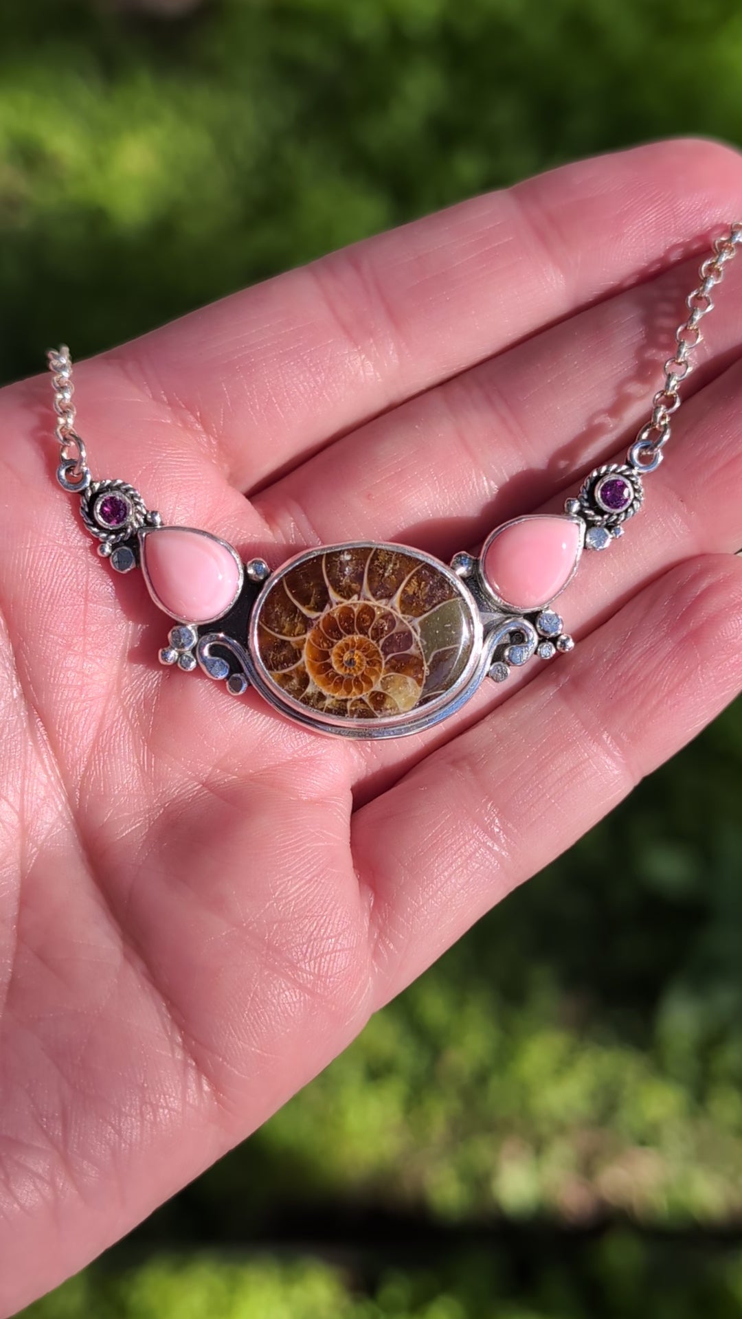 Ammonite Fossil, Conch Shell and Rhodolite Garnet Sterling Silver Necklace