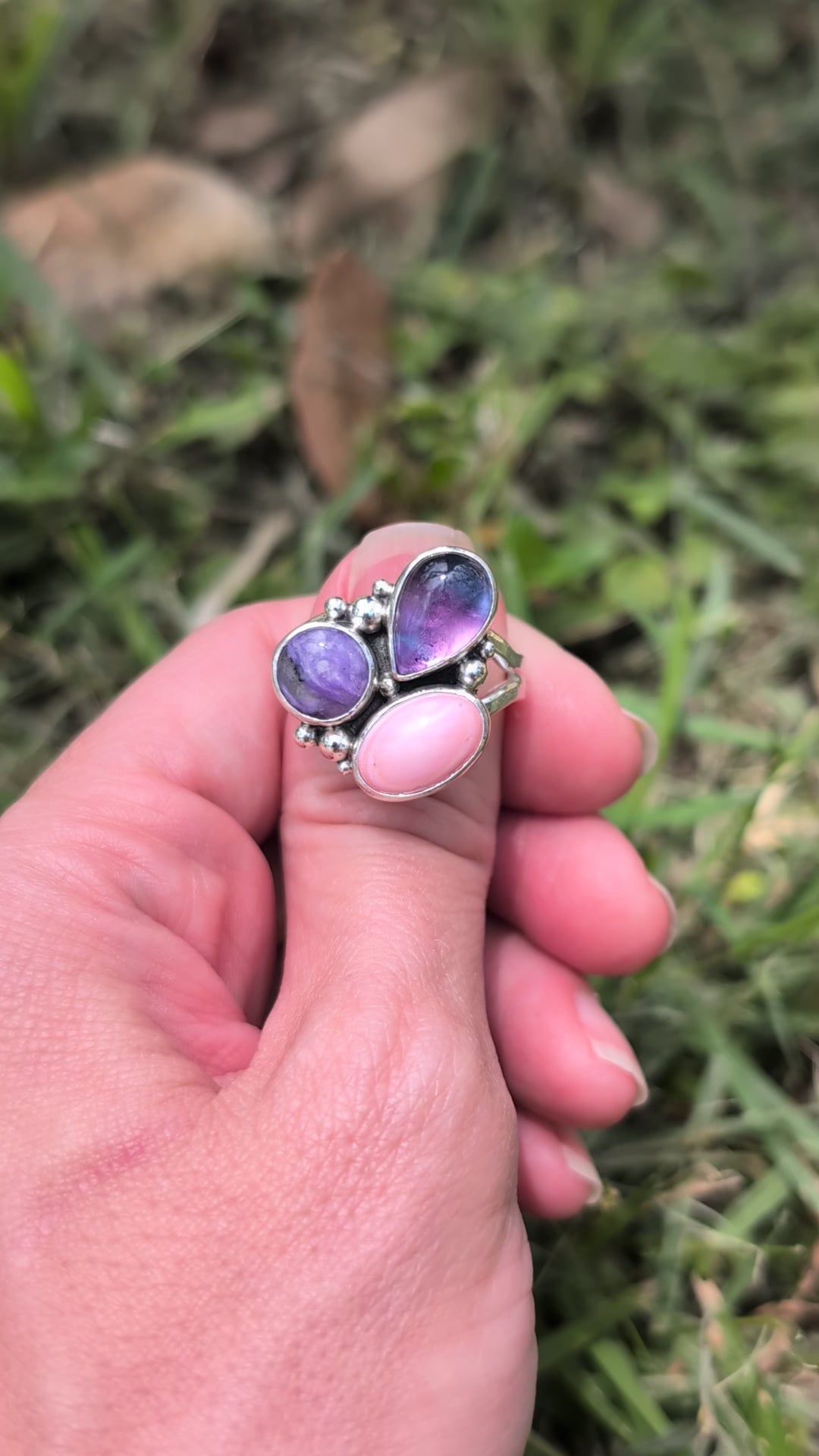 Size 9.5, Charoite, Conch Shell and Fluorite Sterling Silver Ring