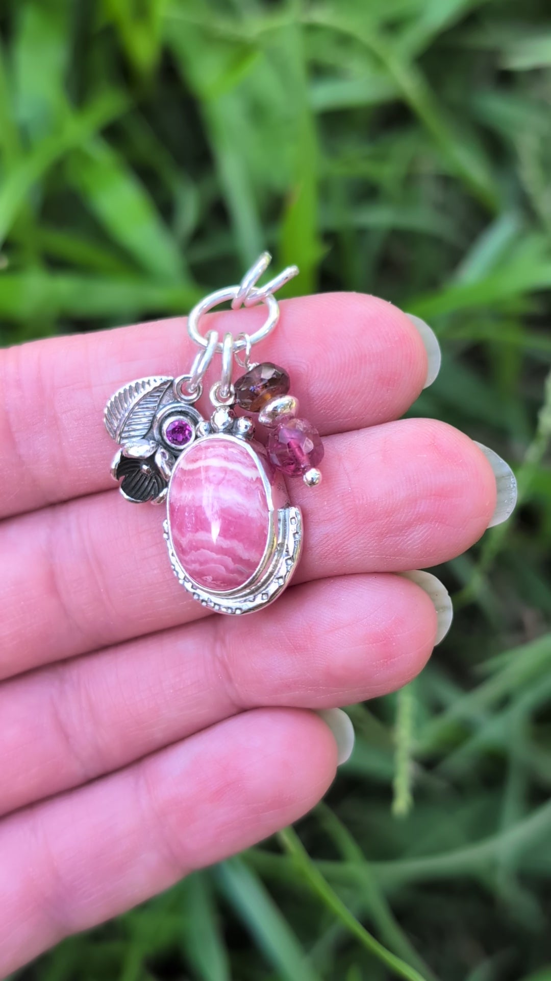 Rhodochrosite, Rhodolite Garnet and Tourmaline Charm Sterling Silver Necklace
