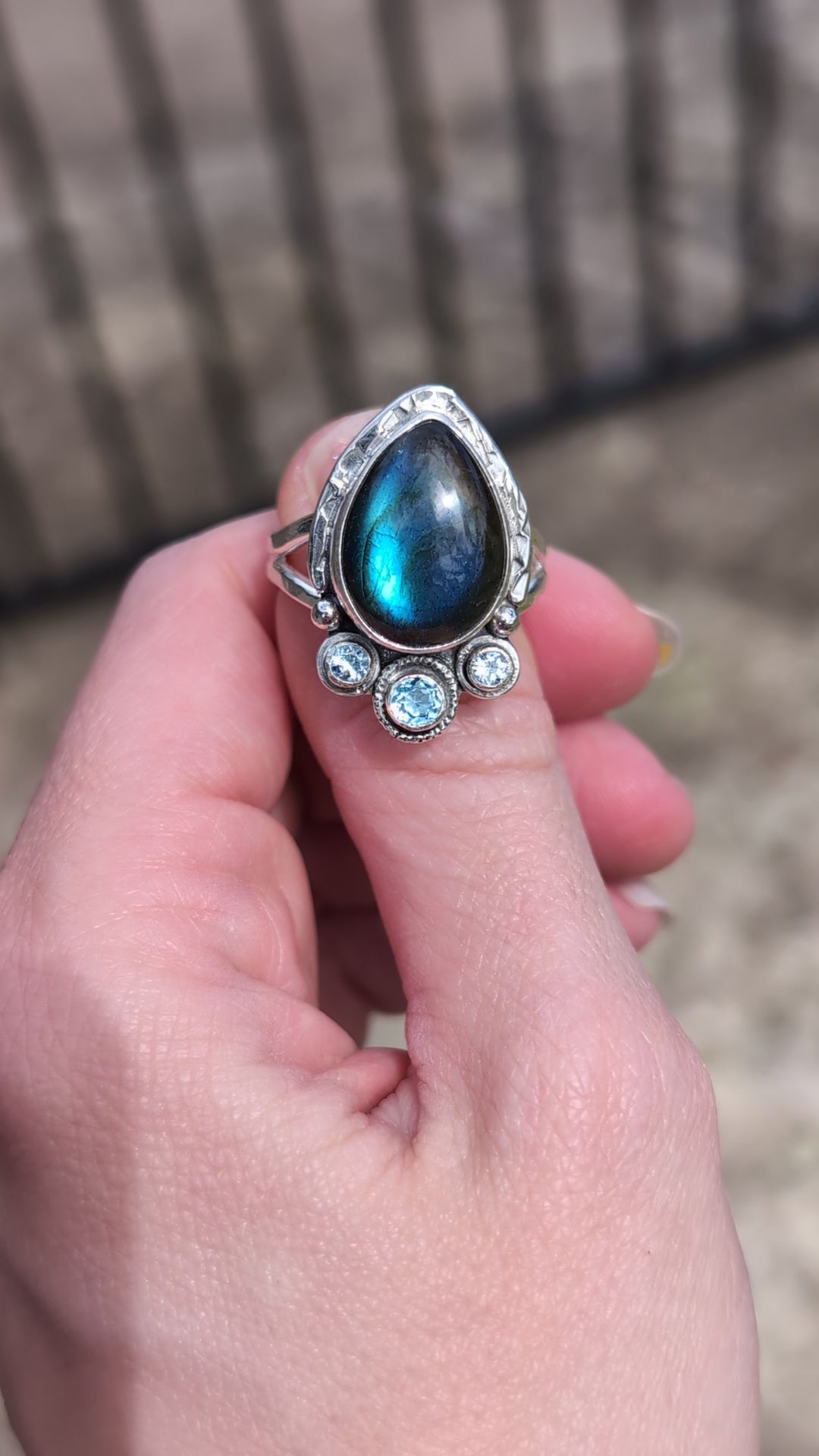 Size 10, Labradorite and Blue Topaz Sterling Silver Ring