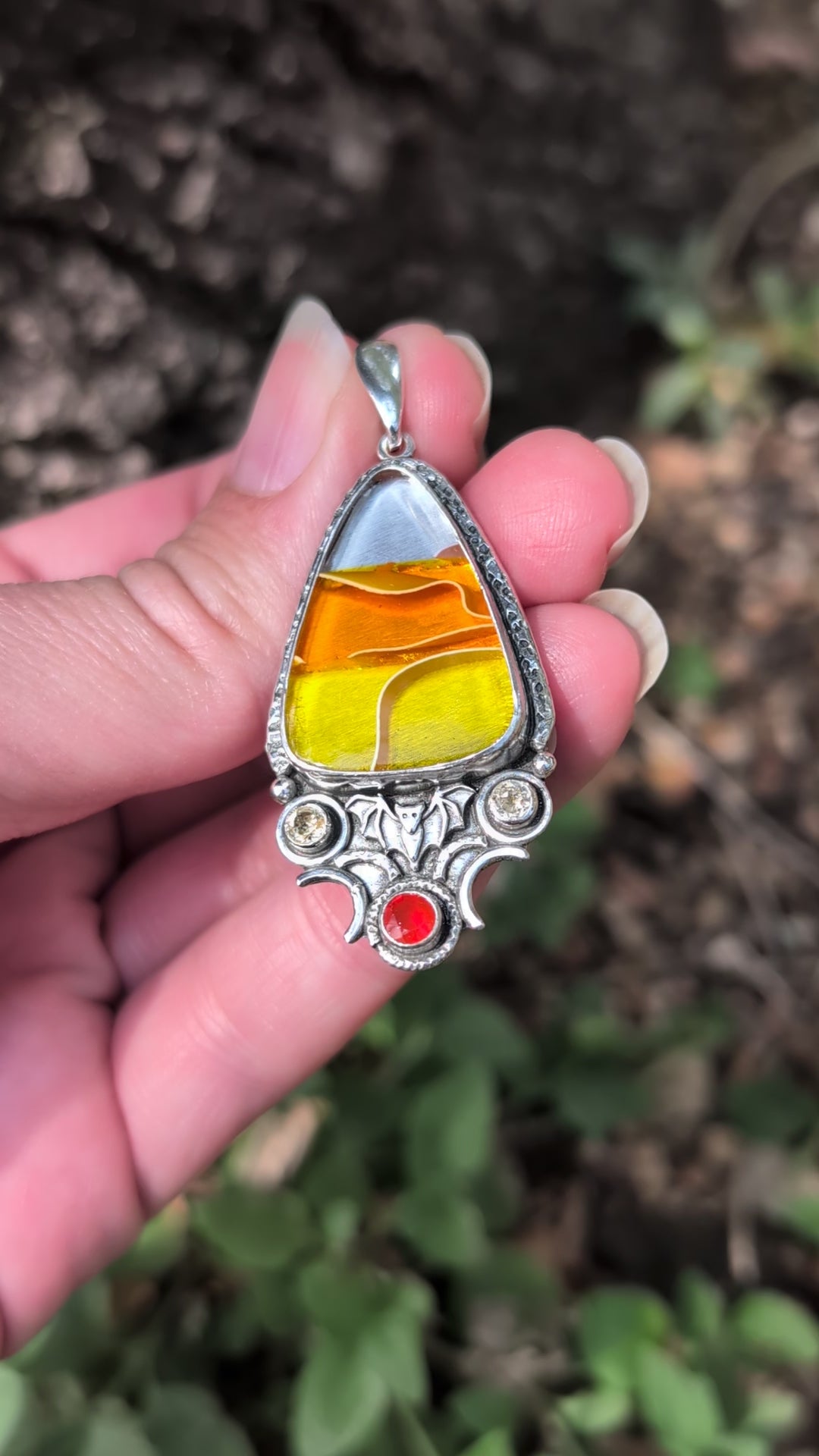 Acrylic Candy Corn, Carnelian and Citrine Sterling Silver Pendant