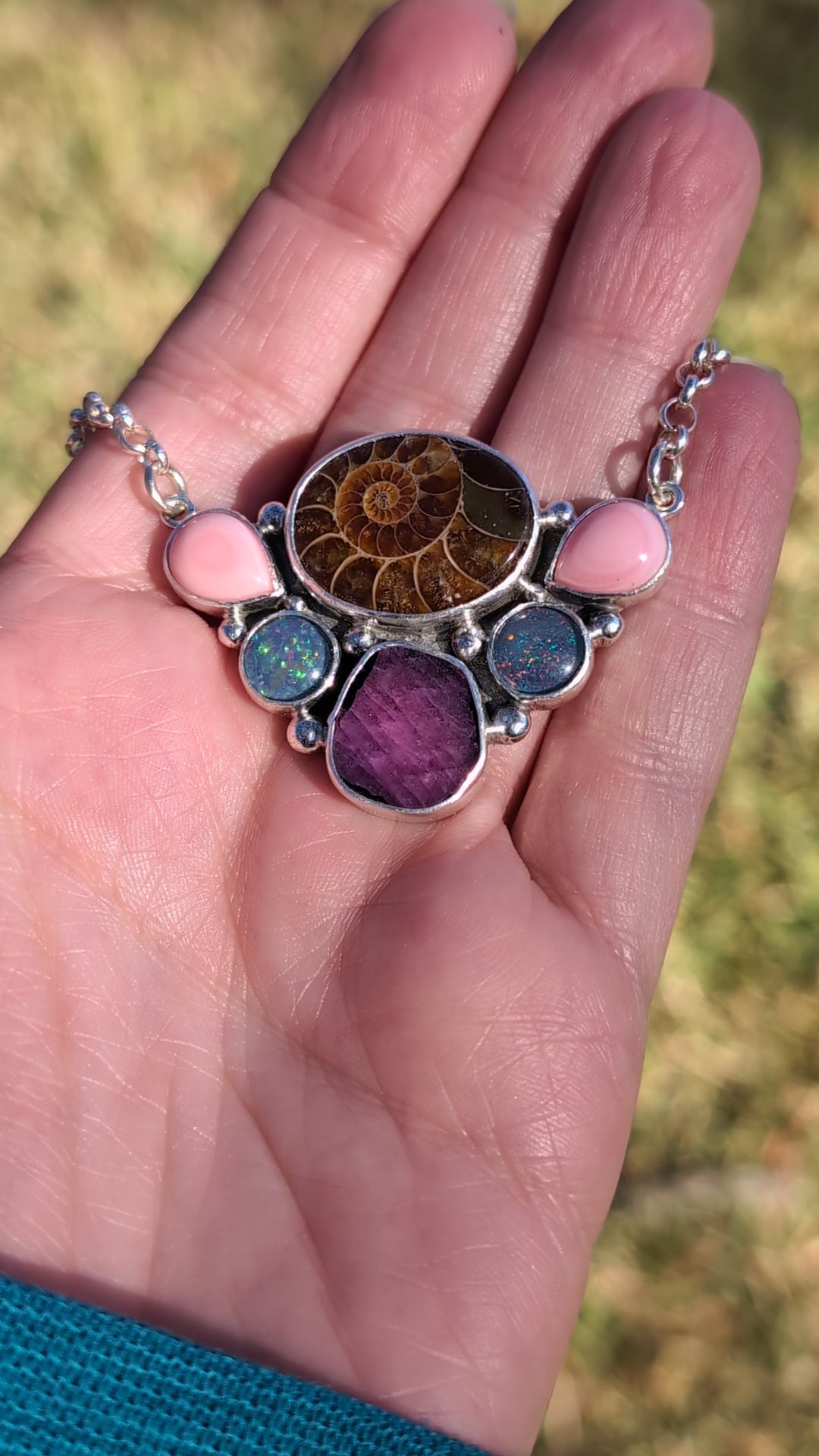 Ammonite Fossil, Conch Shell, Opal Triplet and Ruby Slice Sterling Silver Necklace