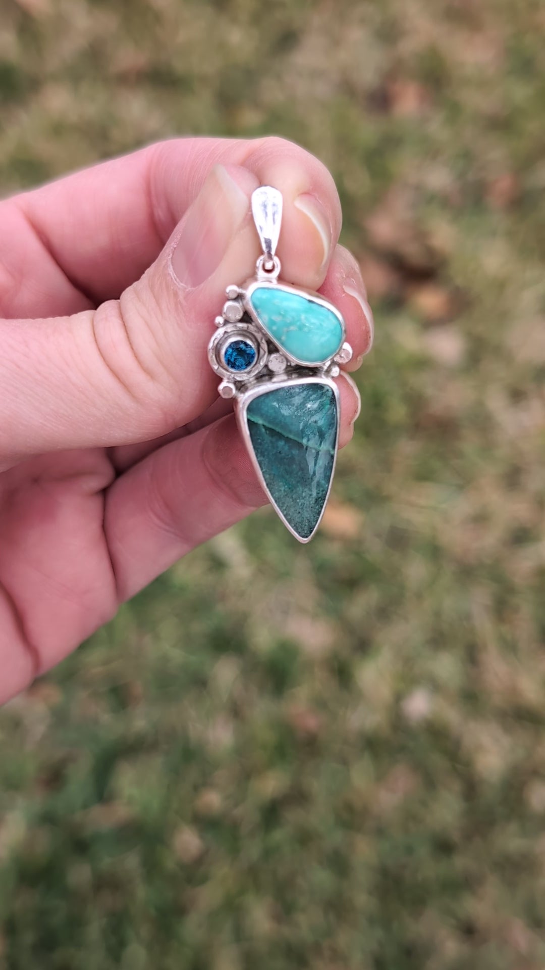 Opalized Wood, Turquoise and London Blue Topaz Sterling Silver Pendant