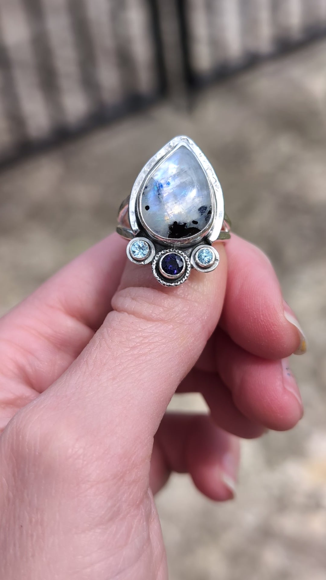 Size 8, Moonstone, Blue Topaz and Iolite Sterling Silver Ring