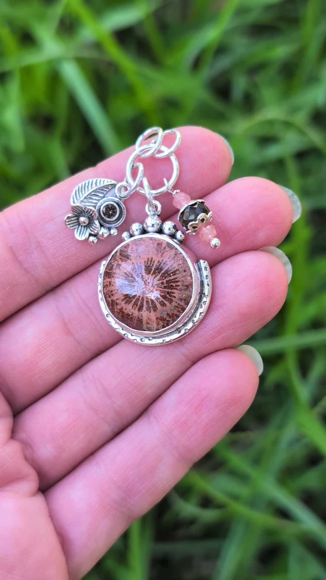 Petrified Coral, Smokey Quartz and Tourmaline Charm Sterling Silver Necklace
