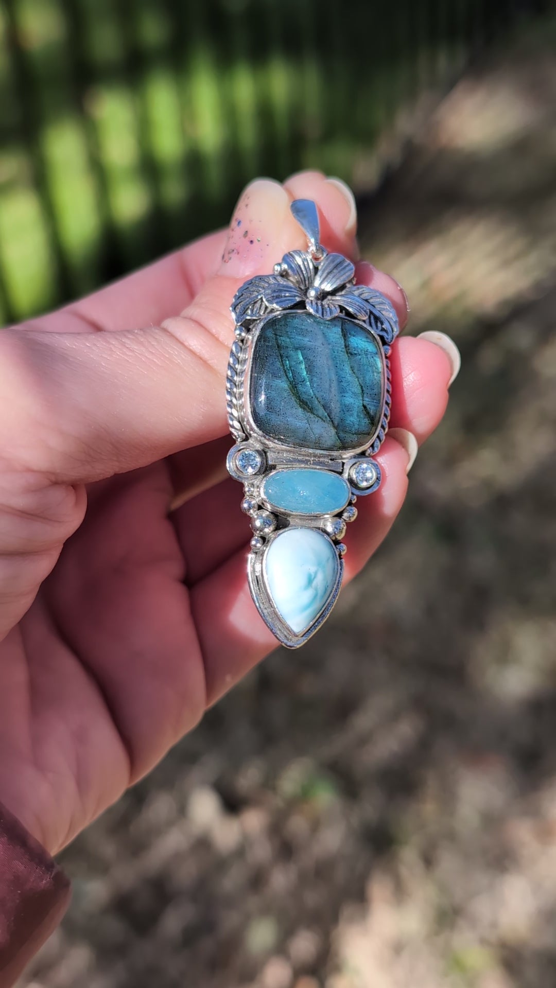 Labradorite, Aquamarine, Larimar and Sky Blue Topaz Sterling Silver Flower Pendant