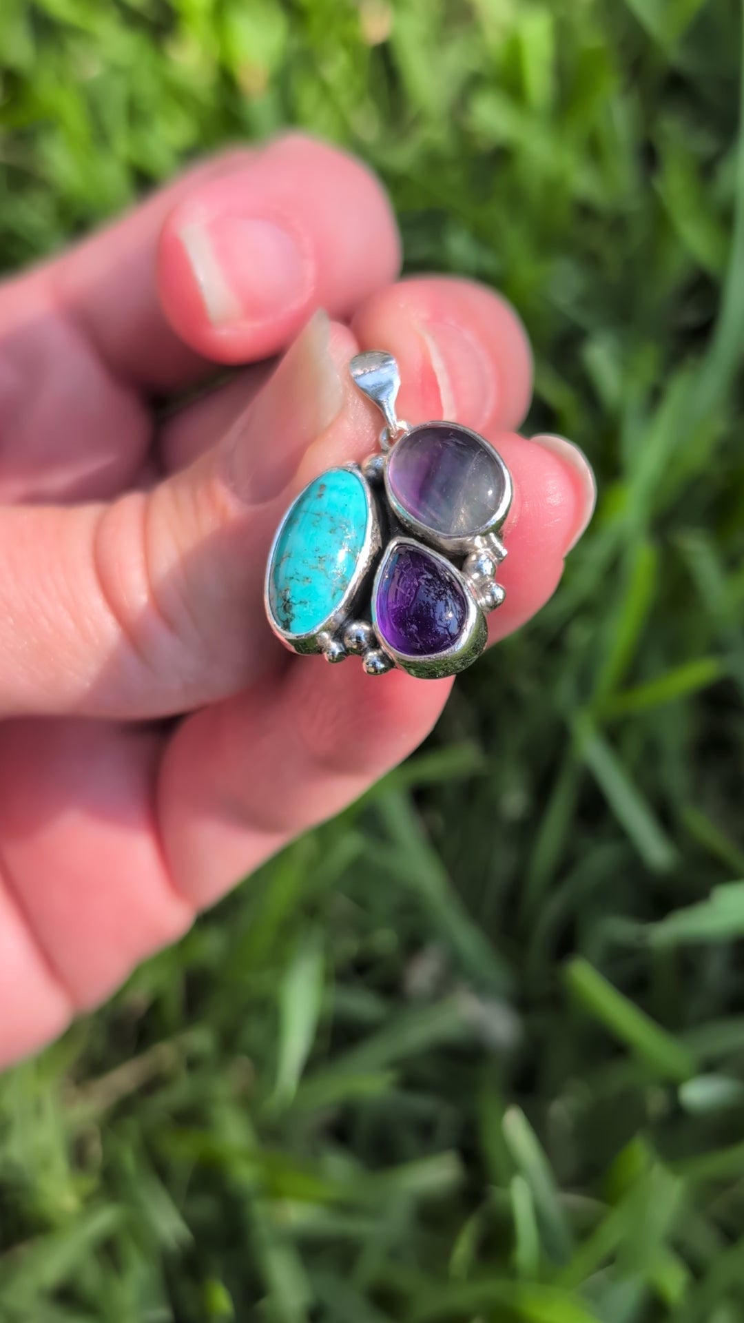 Turquoise, Amethyst, and Fluorite Sterling Silver Pendant